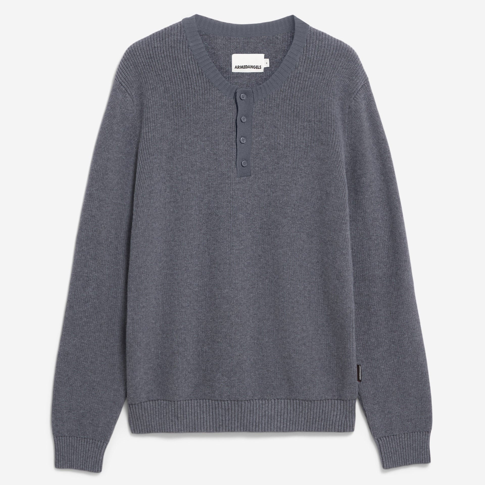 Langärmeliger, dunkelgrauer Strickpullover mit gerippten Bündchen und Saum, Rundhalsausschnitt und Vierknopfleiste auf der Brust.