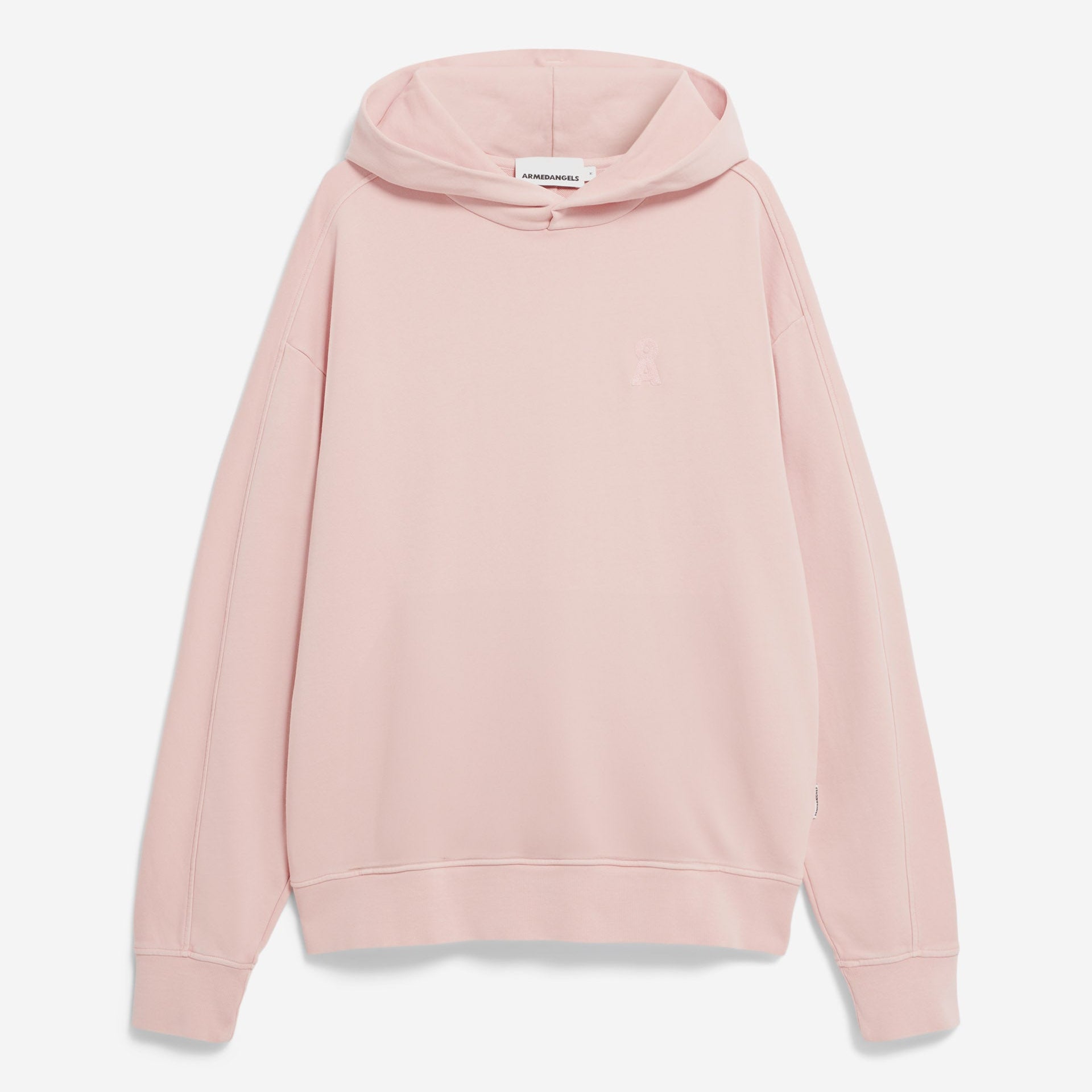 Ein hellrosa Kapuzensweatshirt mit langen Ärmeln und Rippbündchen auf weißem Hintergrund.