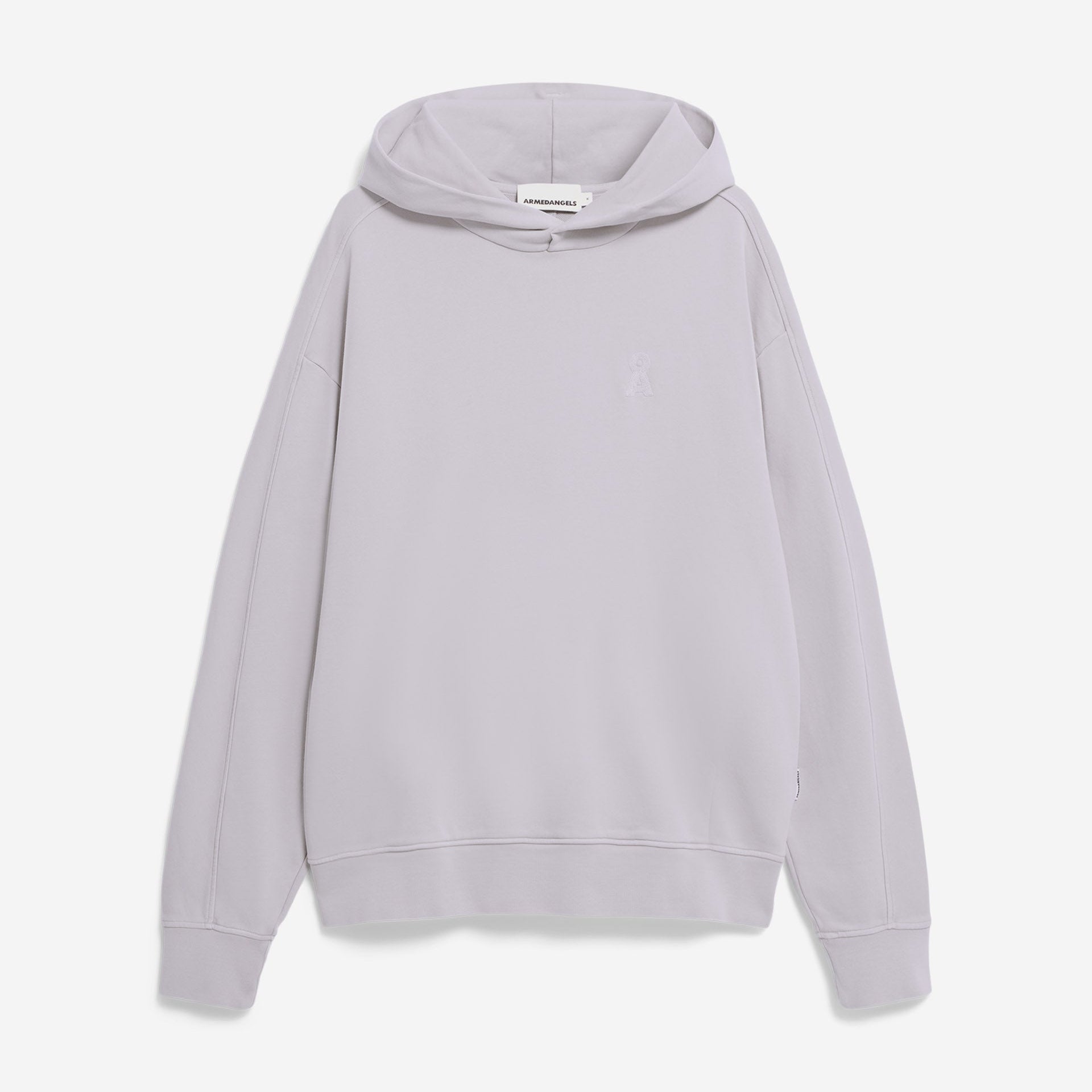 Ein hellgraues Kapuzensweatshirt mit langen Ärmeln, einer Vordertasche und ohne sichtbare Logos oder Grafiken auf weißem Hintergrund.