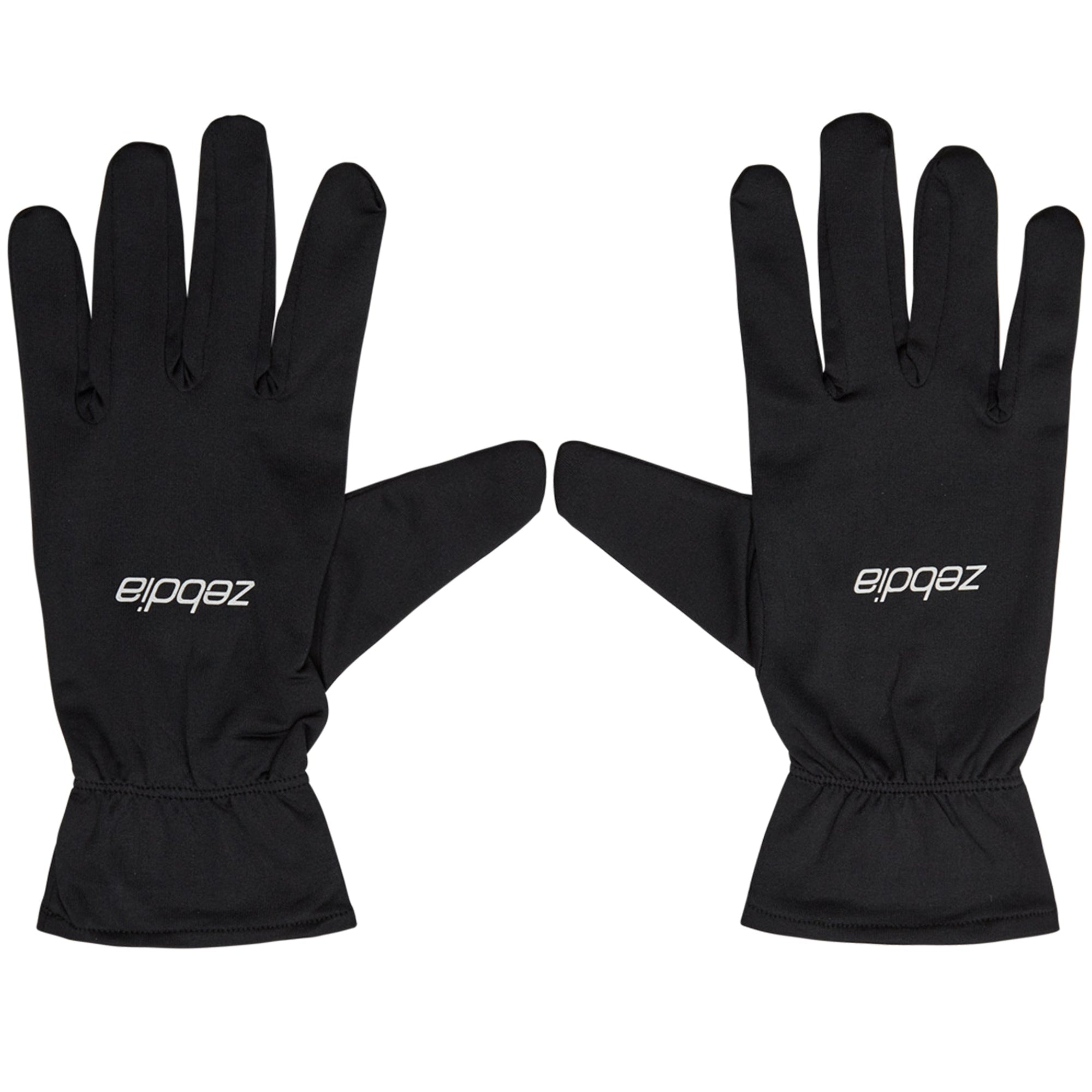 Ein Paar schwarze Handschuhe mit Zebdia in weißer Schrift auf dem Handrücken, mit der Handfläche nach unten und nach außen gerichtet, auf einem schlichten weißen Hintergrund.