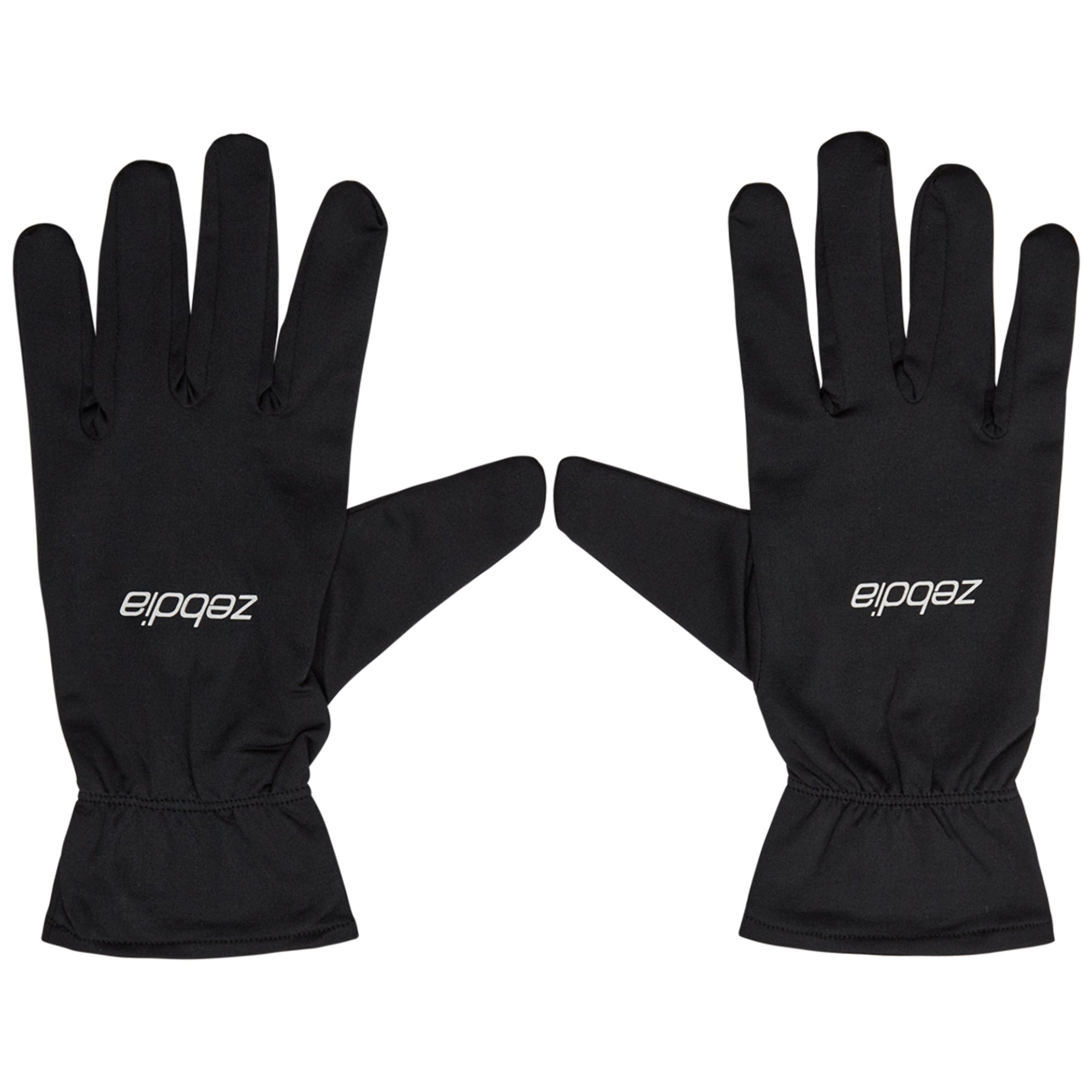 Ein Paar schwarze Handschuhe mit dem Wort Zebdia in weißer Schrift auf dem Handrücken. Die Handschuhe liegen flach mit den Handflächen nach unten auf einem weißen Hintergrund.