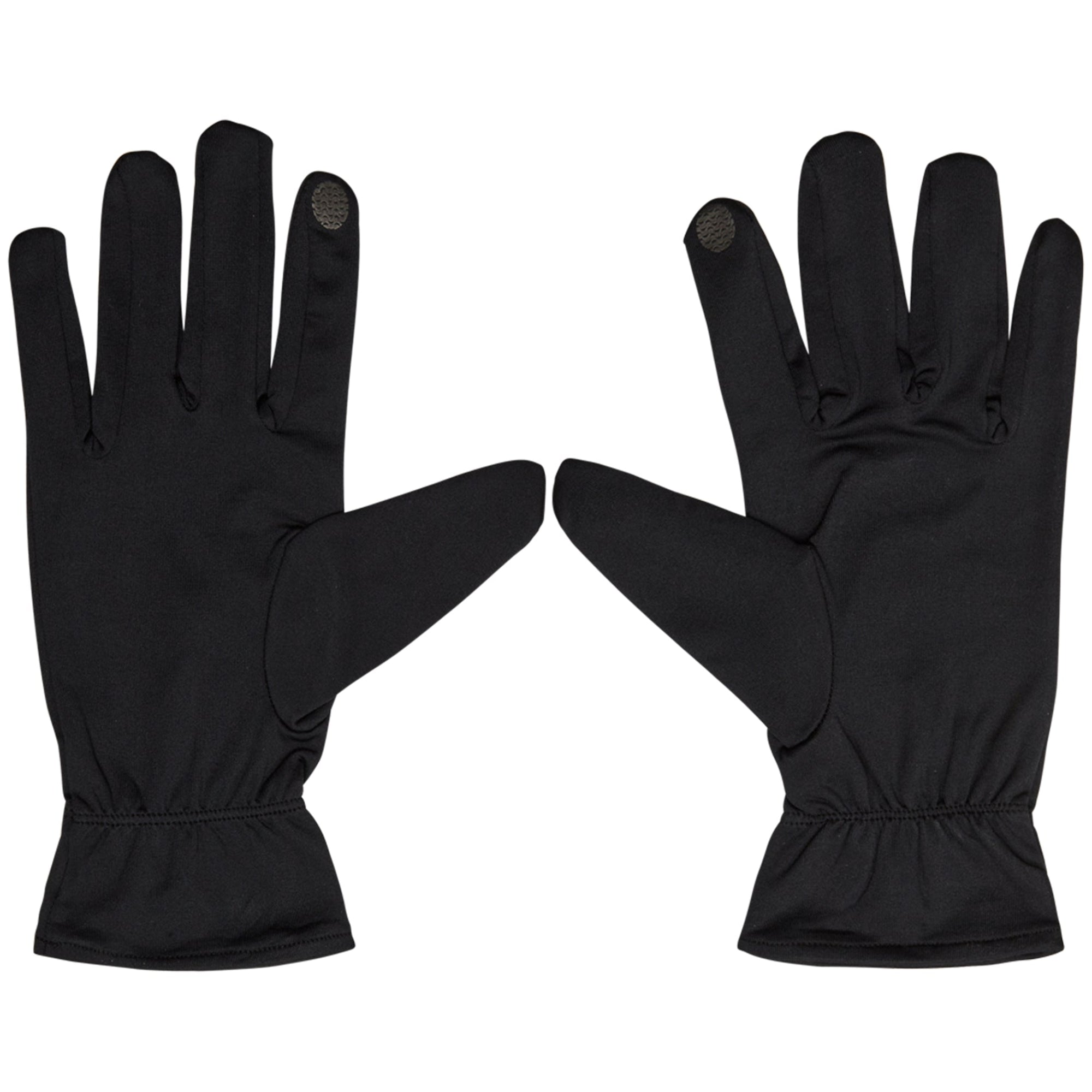 Ein Paar schwarze Touchscreen-Handschuhe, die flach vor einem weißen Hintergrund liegen, wobei Zeigefinger und Daumen einander zugewandt sind.
