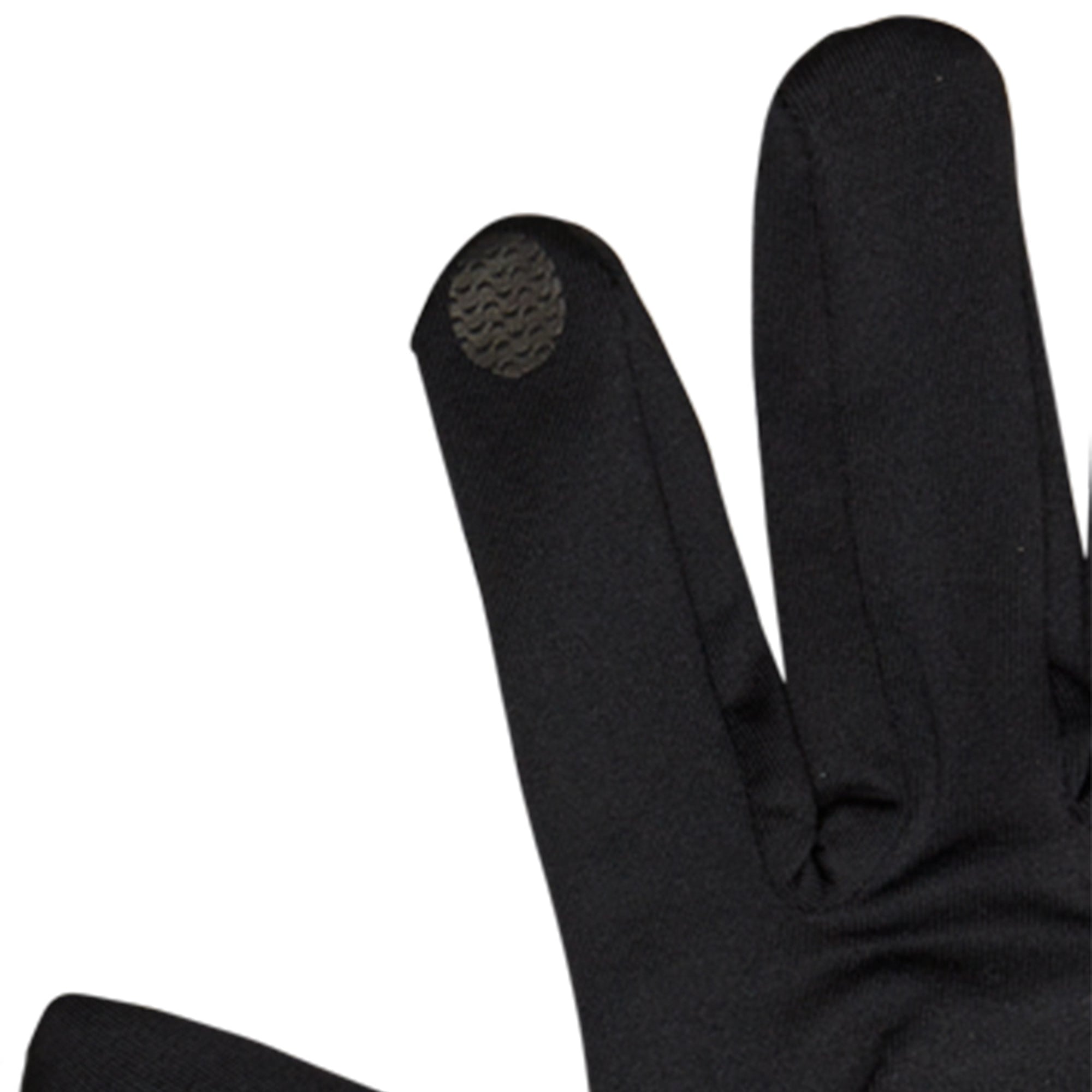 Ein schwarzer Handschuh mit einem strukturierten, runden Griffpolster an der Spitze des Zeigefingers auf weißem Hintergrund.