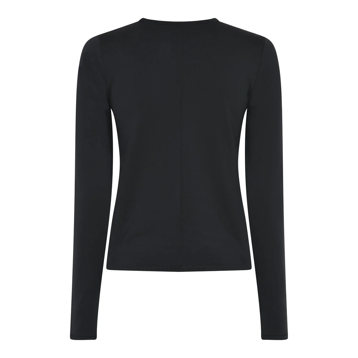 Rückenansicht eines schlichten, schwarzen, langärmeligen Hemdes mit einfachem, tailliertem Design ohne sichtbare Logos oder Muster auf weißem Hintergrund.