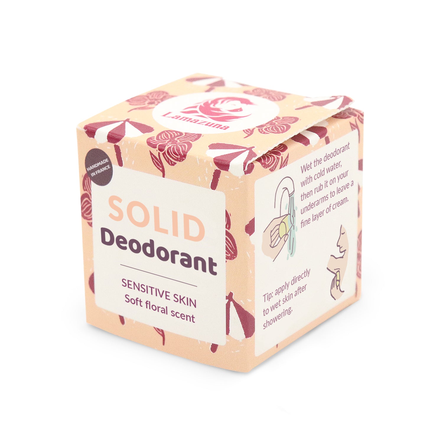 Verpackung eines festen Deodorants für empfindliche Haut mit sanftem Blumenduft und Anwendungstipps auf der Seite.