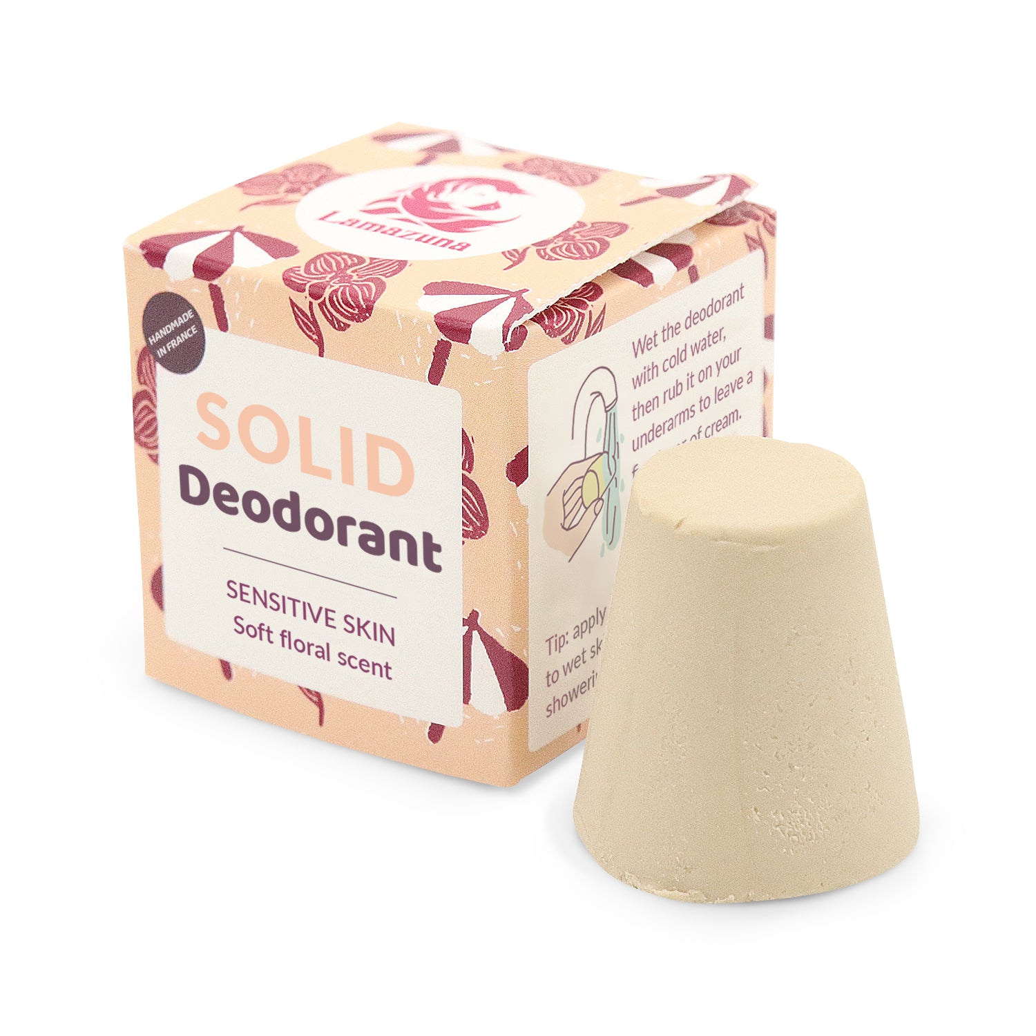 Festes Deodorant für empfindliche Haut mit blumigem Duft, neben einer dekorativen Verpackung.