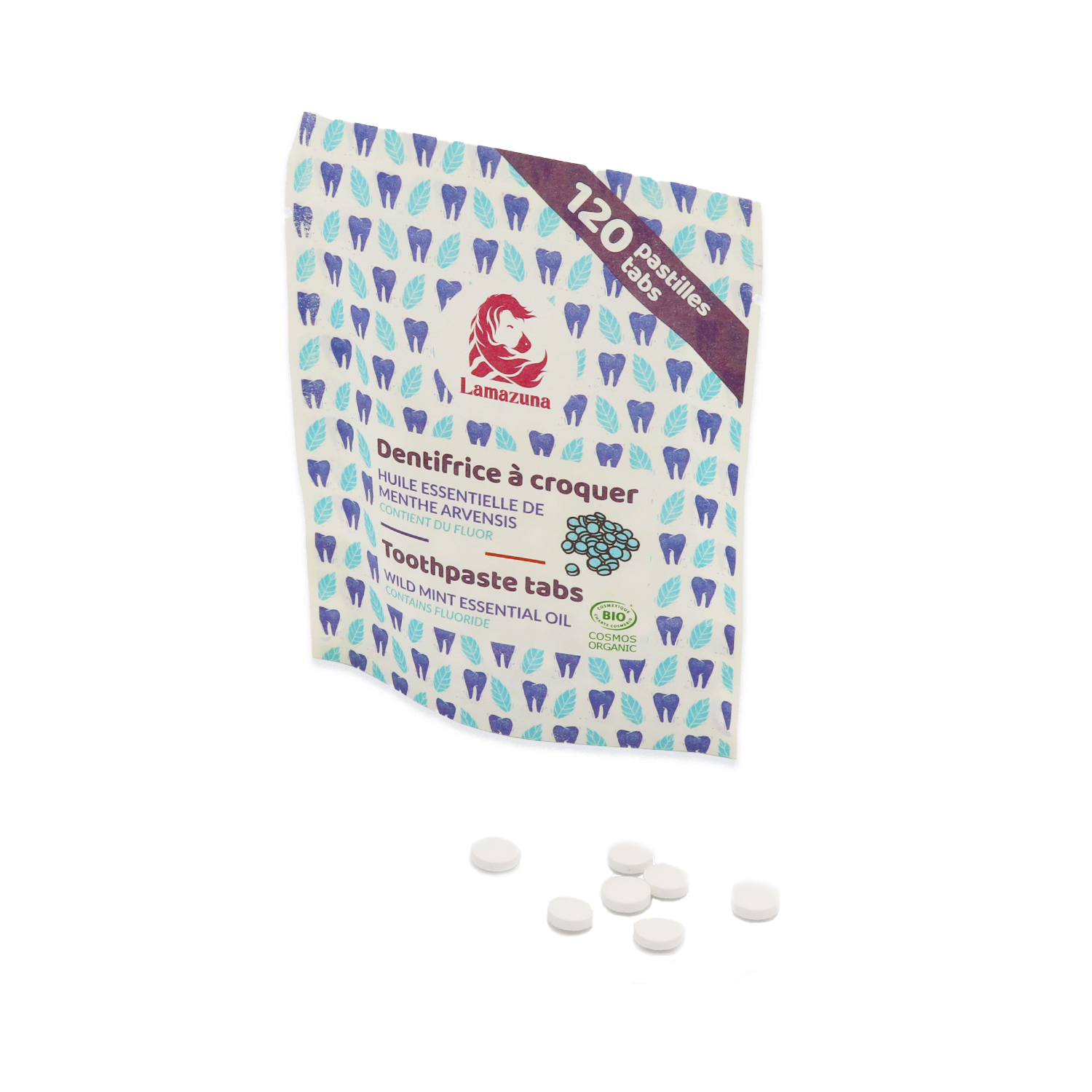 Verpackung von Lamazuna Zahnputztabletten mit Minzgeschmack, 120 Stück, einige Tabletten sind davor zu sehen.