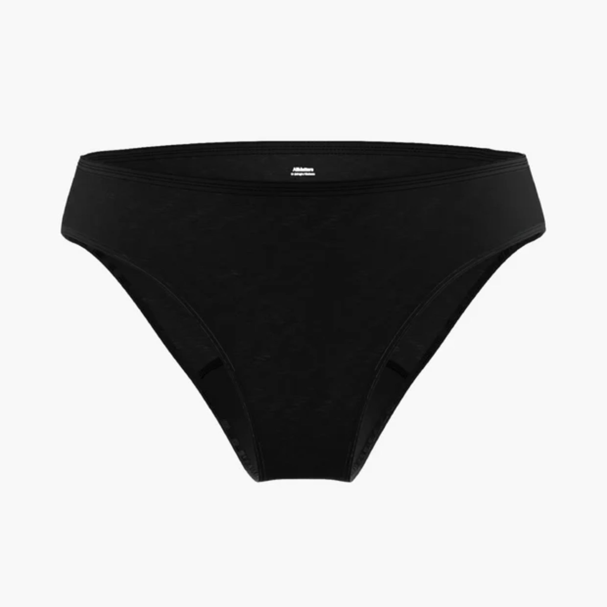 Schwarze Unterwäsche im Bikini-Stil für Frauen auf einem schlichten weißen Hintergrund. Die Unterwäsche hat ein einfaches, nahtloses Design ohne sichtbare Muster oder zusätzliche Verzierungen.