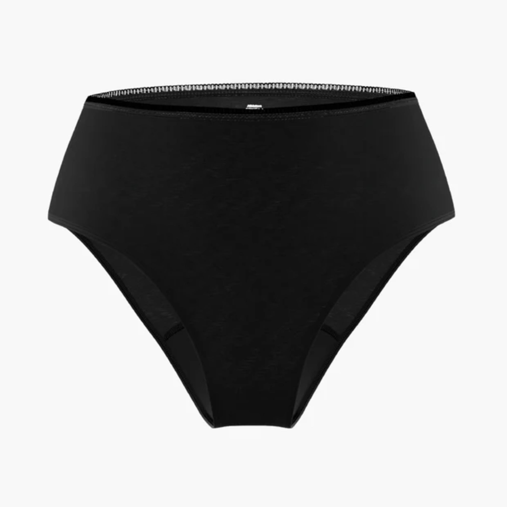 Ein Paar schwarzer Unterwäsche mit hoher Taille für Damen vor einem weißen Hintergrund. Der Stoff erscheint glatt und dehnbar mit einem einfachen Design und ohne sichtbare Muster oder Verzierungen.