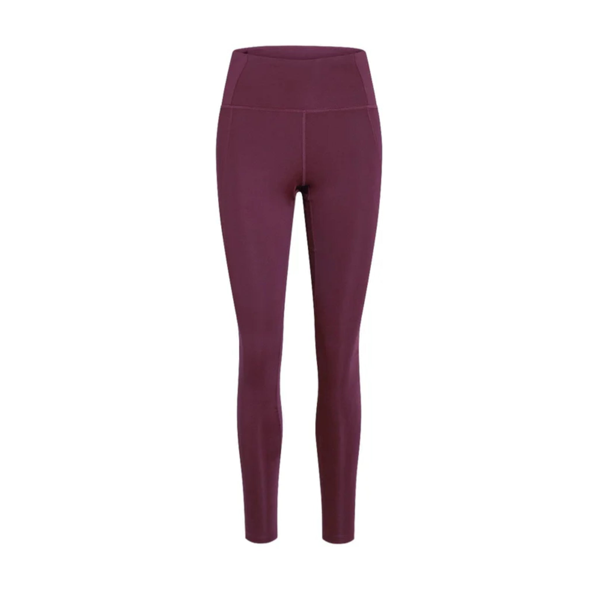 Hochtaillierte, bodenlange Leggings in dunklem Kastanienbraun auf weißem Grund.