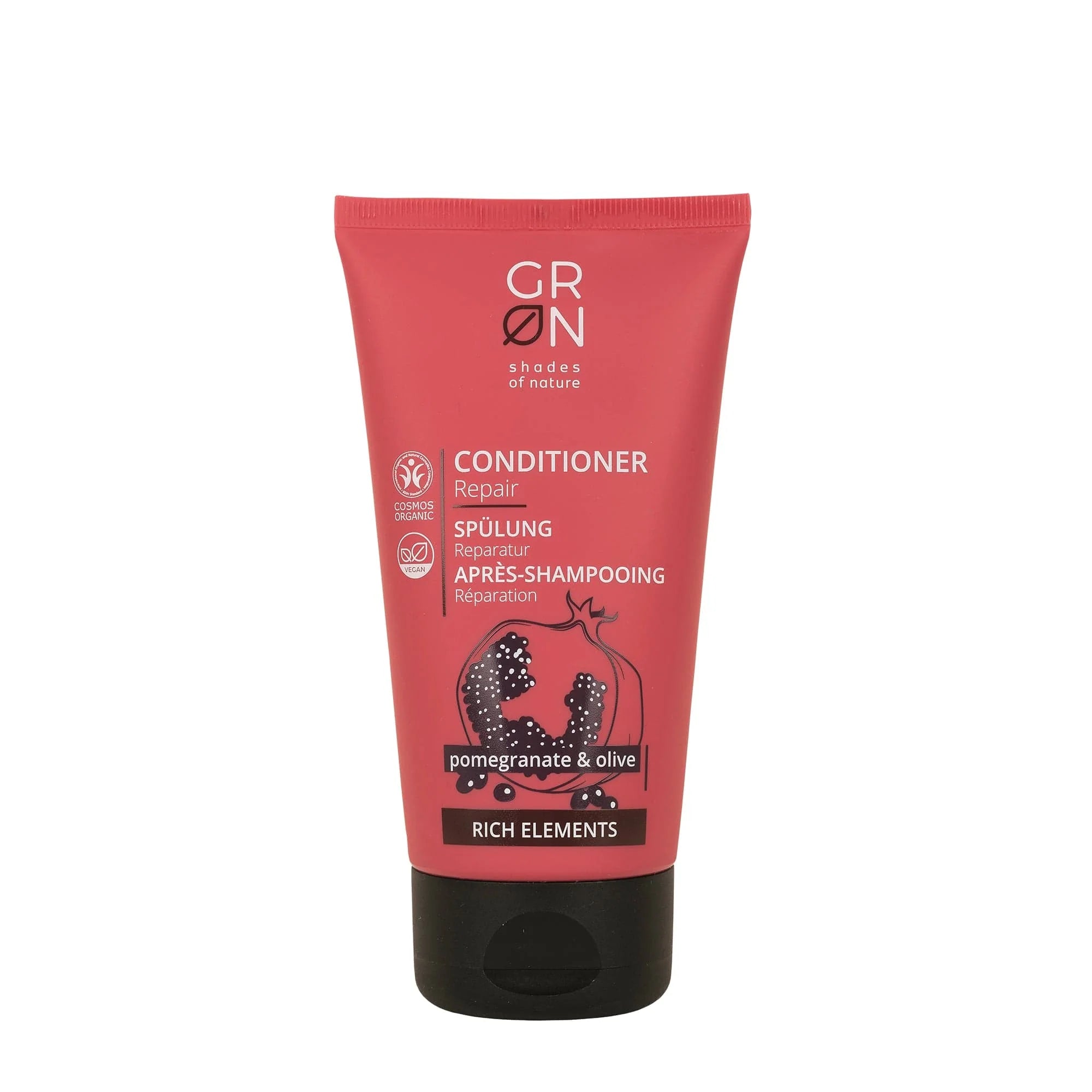 Eine rote Tube GRN Shades of Nature Conditioner Repair mit Granatapfel & Olive, mit weißem Text und einer schwarzen Granatapfel-Illustration auf der Vorderseite, aufrecht stehend auf weißem Hintergrund.