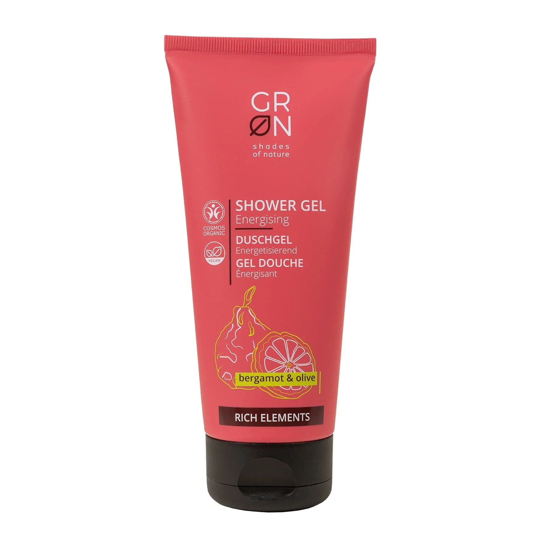 Eine rote Tube GRN Shades of Nature Energising Shower Gel mit Bergamotte und Olive. Auf der Tube sind Bergamotte und eine Olive abgebildet, der Text ist weiß und gelb und beschreibt das Produkt.
