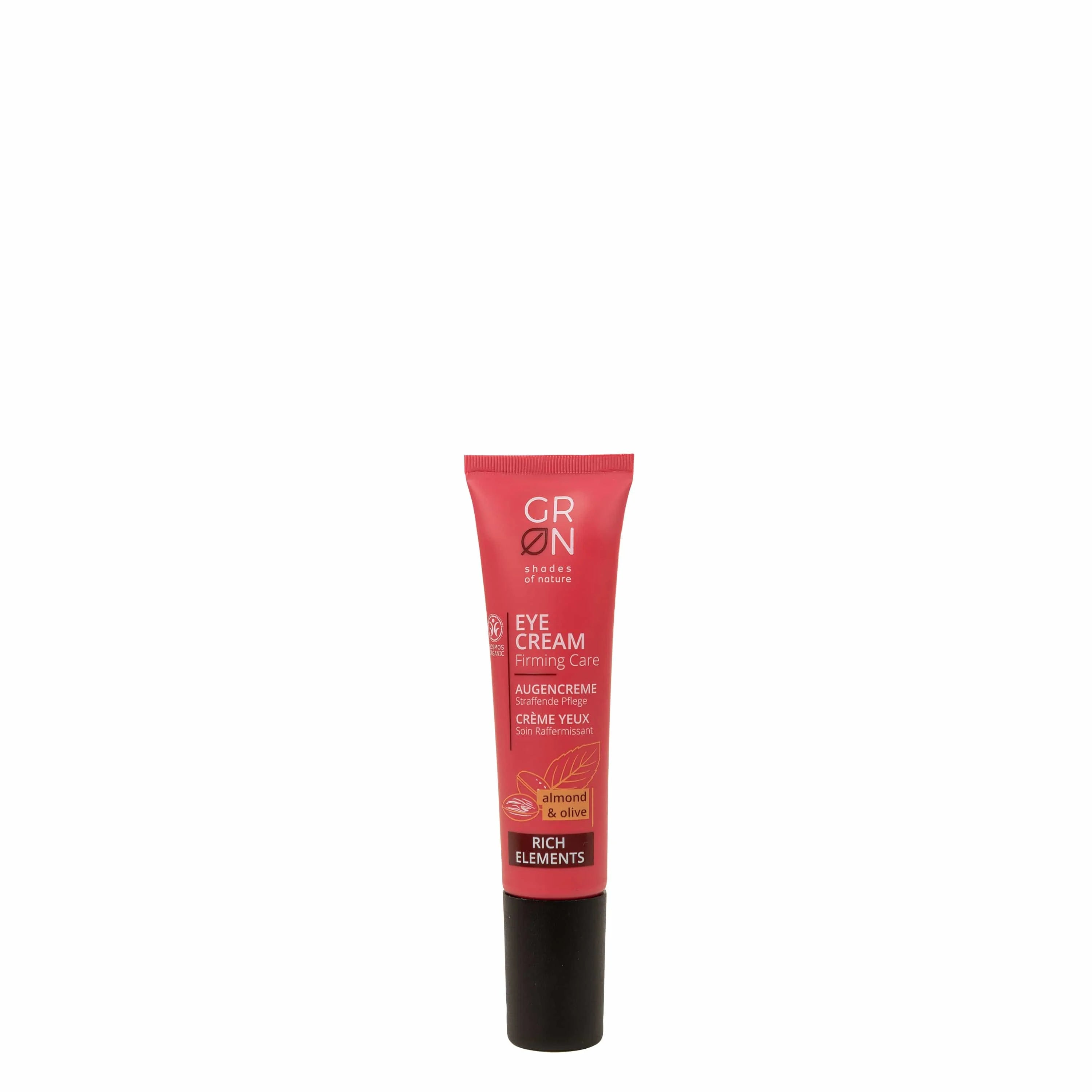 Eine rote Tube GRN Shades of Nature Eye Cream mit Mandel und Aloe, mit schwarzer Kappe und Produktangaben in weißer und goldener Schrift, aufrecht stehend vor weißem Hintergrund.