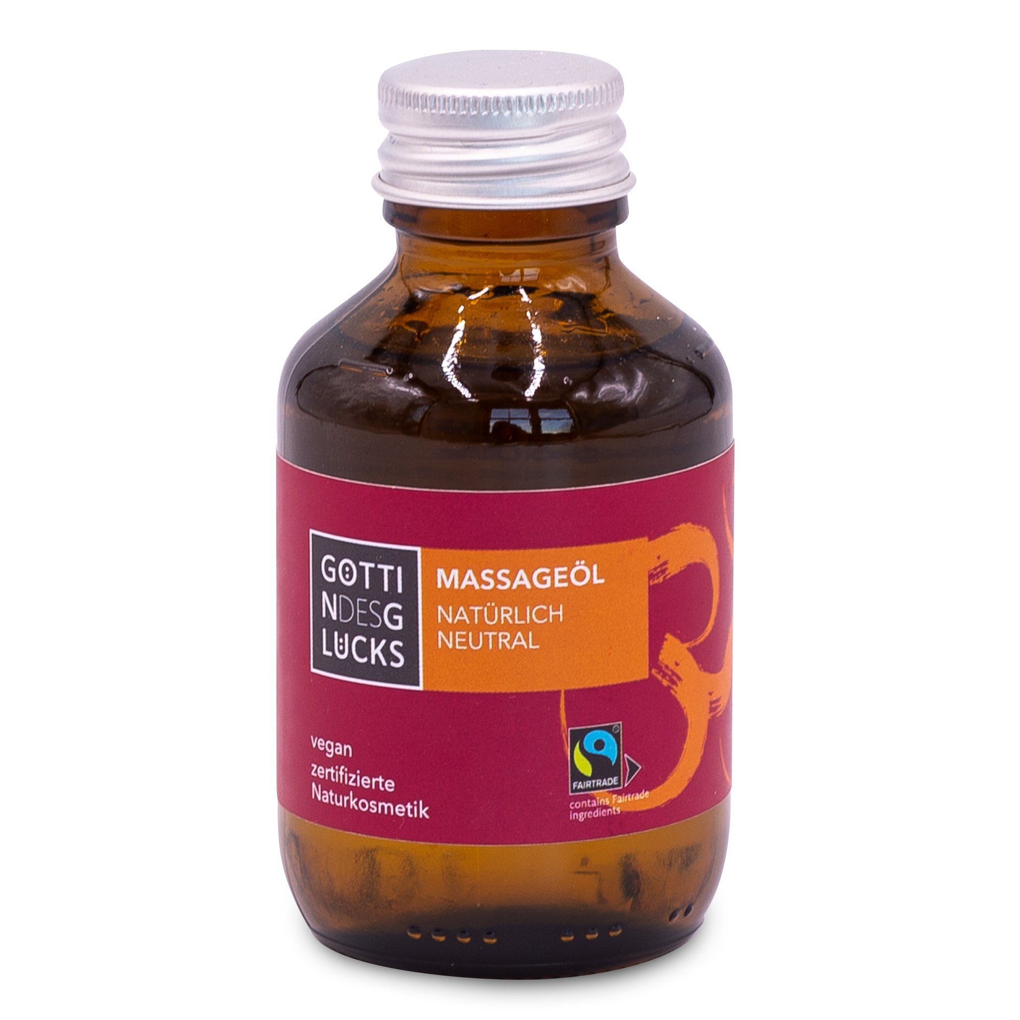 Eine braune Glasflasche mit einer silbernen Kappe mit der Aufschrift Göttin des Glücks Massageöl Natürlich Neutral. Das Etikett ist rötlich mit weißer und gelber Schrift, Fairtrade- und Vegan-Logos und Naturkosmetik-Zertifizierung.