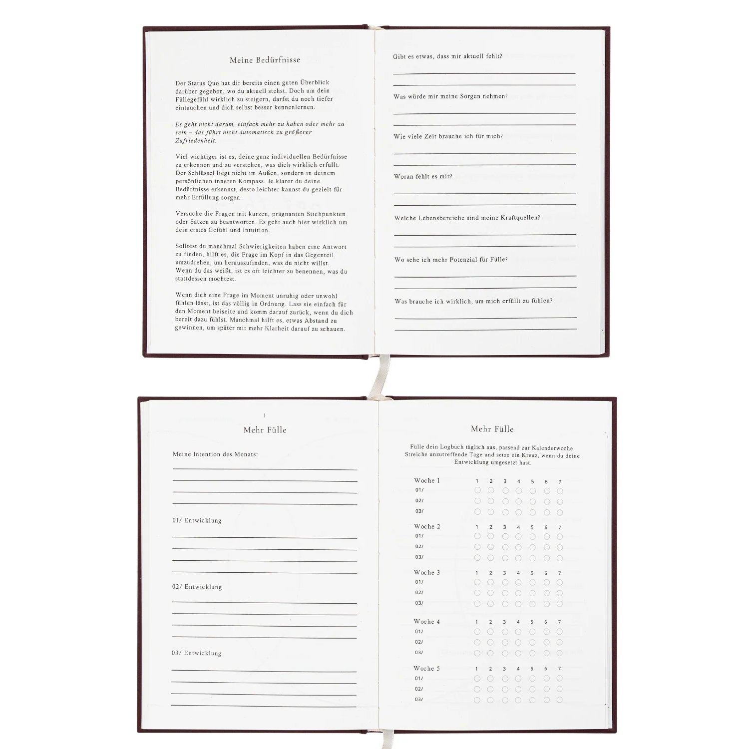 Ein aufgeschlagenes deutschsprachiges Tagebuch mit vier cremefarbenen Seiten mit gedruckten Aufforderungen und Zeilen zum Schreiben, einschließlich Abschnitten für persönliche Gedanken, Anliegen und die Erfassung der Stimmung mithilfe von Kästchen.