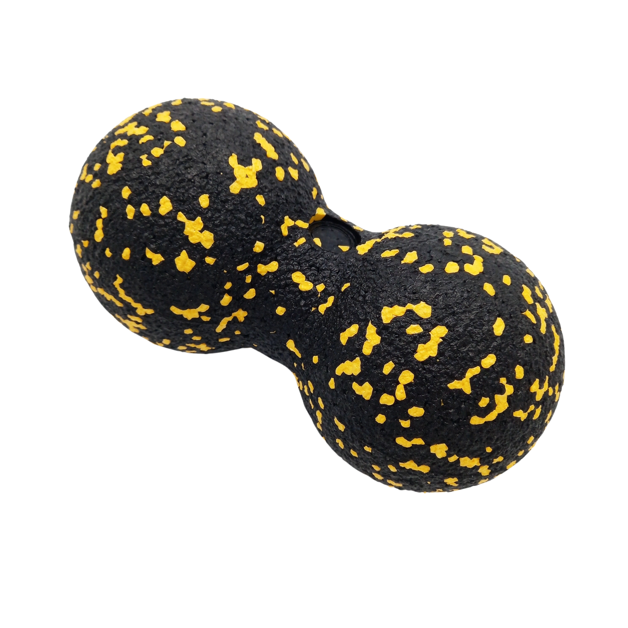 Schwarzer, doppelter Faszienball mit gelben Sprenkeln zur Muskelmassage.