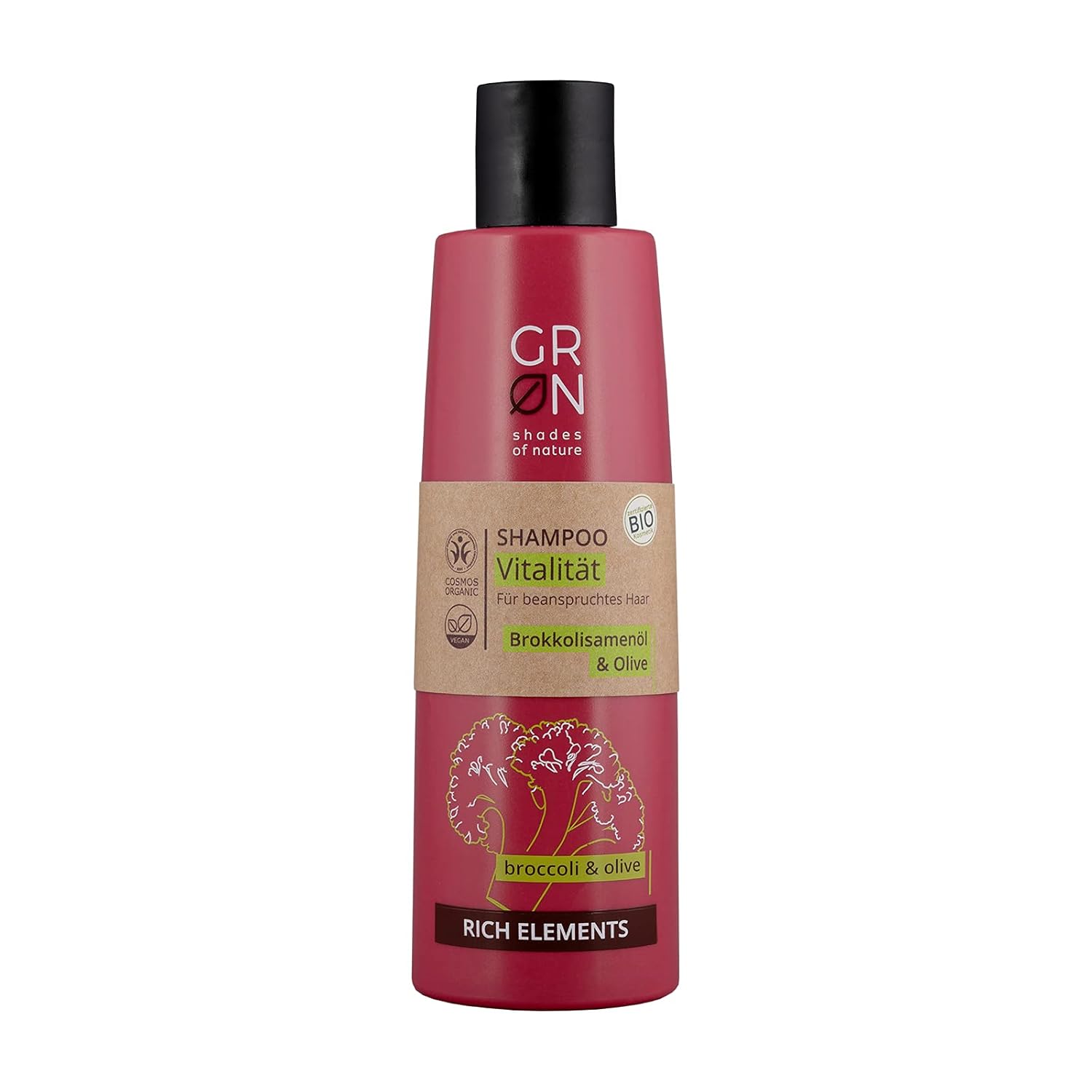 Eine rote Flasche GRN Shades of Nature Vitalität Shampoo mit Brokkolisamenöl und Olive, beschriftet für strapaziertes Haar. Die Flasche hat eine schwarze Kappe und ein braunes Etikett mit grünen Akzenten.