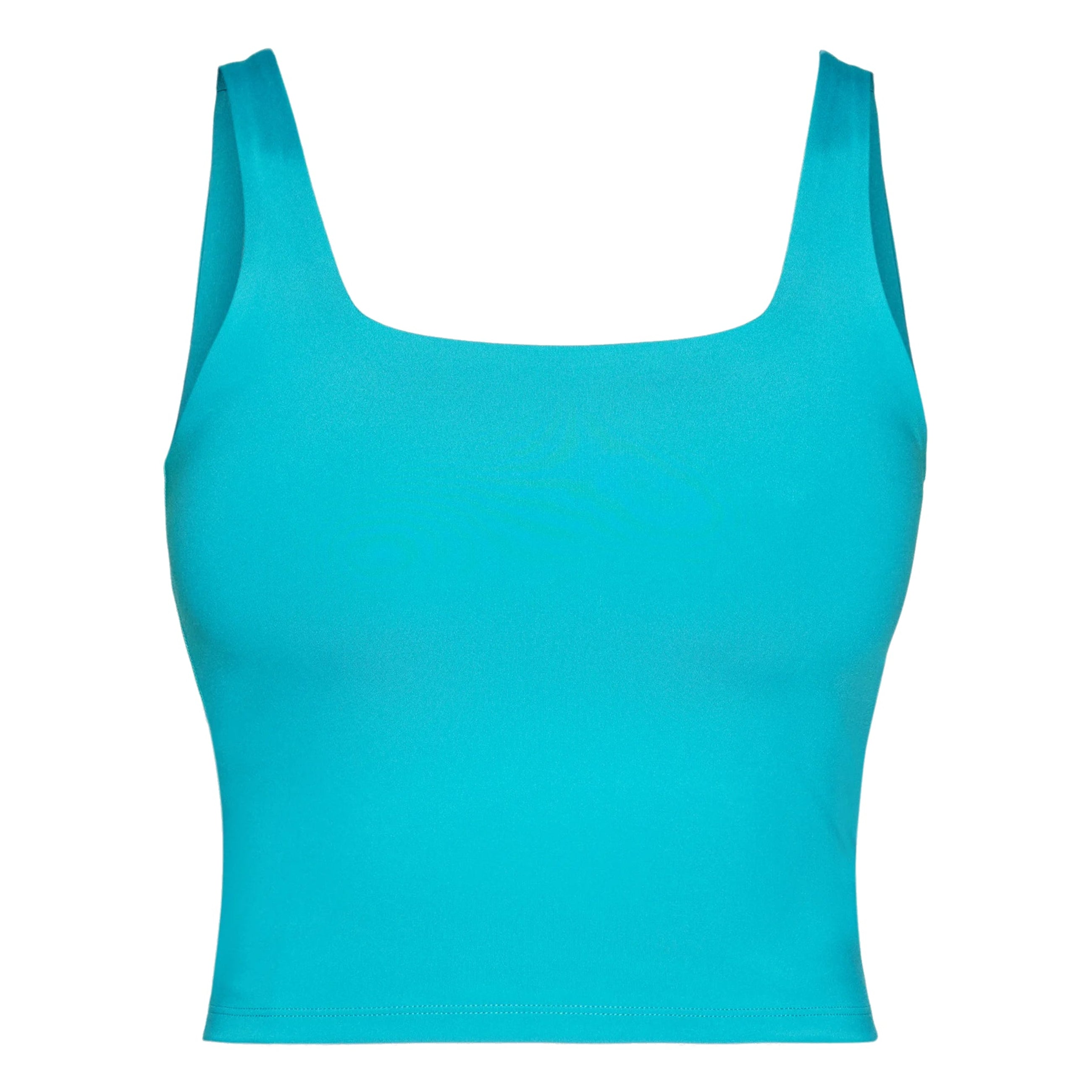 Ein ärmelloses türkisfarbenes Crop-Top mit quadratischem Ausschnitt aus glattem, dehnbarem Stoff vor weißem Hintergrund.