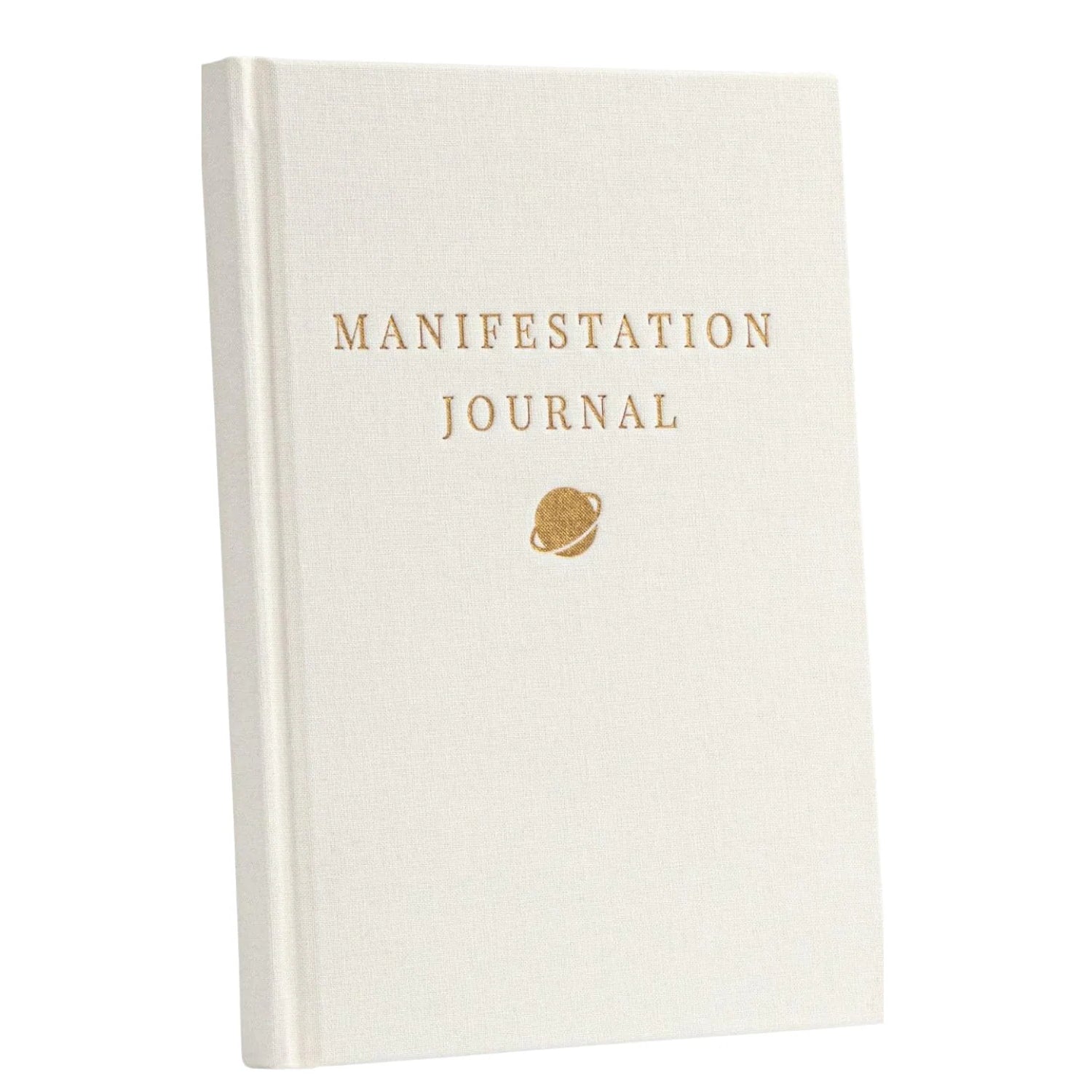 Ein weißes Hardcover-Buch mit dem Titel Manifestation Journal in goldenen Buchstaben mit einer kleinen goldenen Planeten-Illustration unterhalb des Textes.