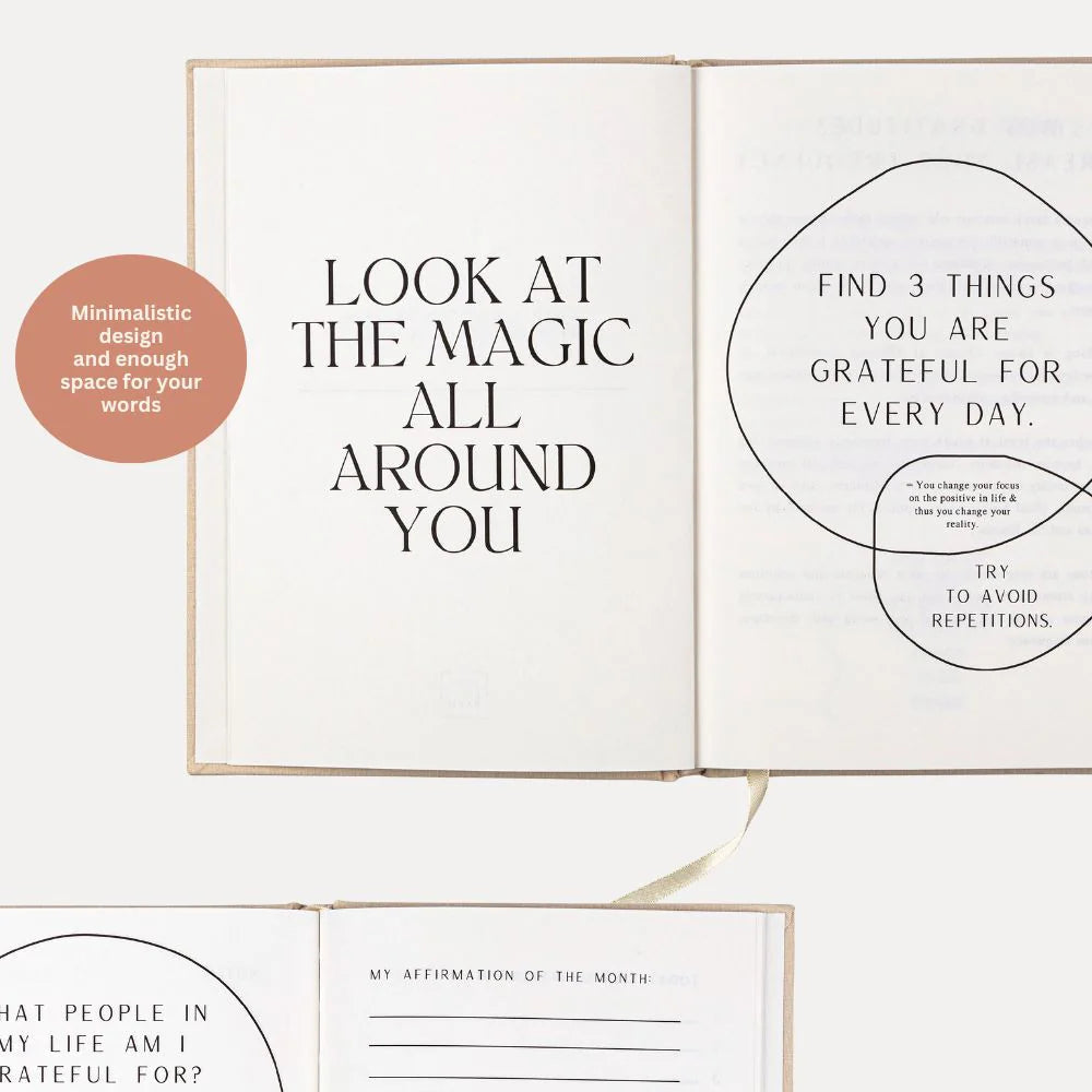 Zwei offene Journale mit minimalistischem Design. Das obere Journal trägt die Aufschrift "LOOK AT THE MAGIC ALL AROUND YOU" (Sieh die Magie um dich herum) und enthält Aufforderungen zur Dankbarkeit. Das untere Journal hat Abschnitte für Affirmationen, Ziele und Dankbarkeit.