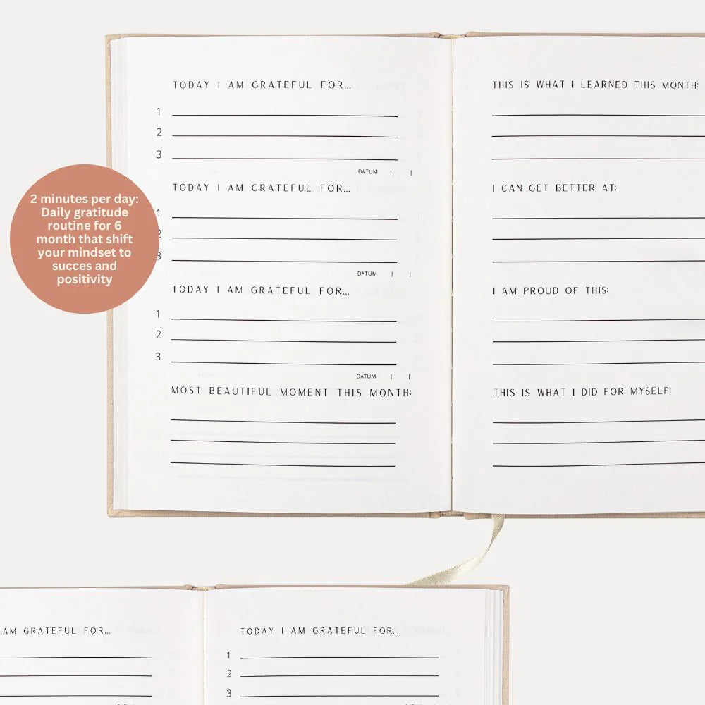Ein offenes Dankbarkeitstagebuch mit Aufforderungen wie "Heute bin ich dankbar für", "Schönster Moment in diesem Monat" und Abschnitten zum Nachdenken. Zwei Kreise enthalten eine Zusammenfassung und Tipps für die tägliche und wöchentliche Praxis der Dankbarkeit.