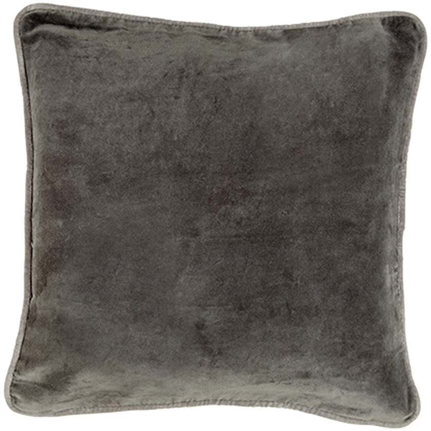 Ein quadratisches, dunkelgraues Samtkissen mit weicher Textur und leicht abgerundeten Kanten, abgebildet vor einem weißen Hintergrund.