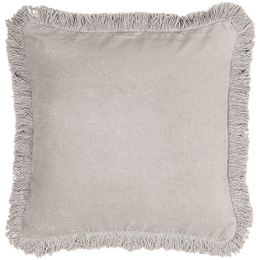 Ein hellgraues, quadratisches Kissen mit Fransen an den Rändern, abgebildet auf weißem Hintergrund.