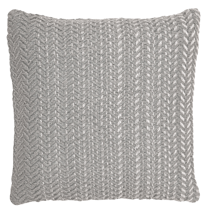 Ein quadratisches Kissen mit einem strukturierten, gewebten Stoff in hellgrauen und weißen Tönen, der ein subtiles Fischgrätenmuster aufweist. Die Ecken des Kissens sind leicht abgerundet.