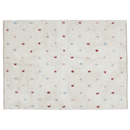 Ein weißer, rechteckiger Teppich mit kleinen, verstreuten Punkten in Rot, Rosa, Blau und Grün. Die Punkte sind unregelmäßig verteilt und verleihen dem Teppich ein verspieltes und lässiges Aussehen.