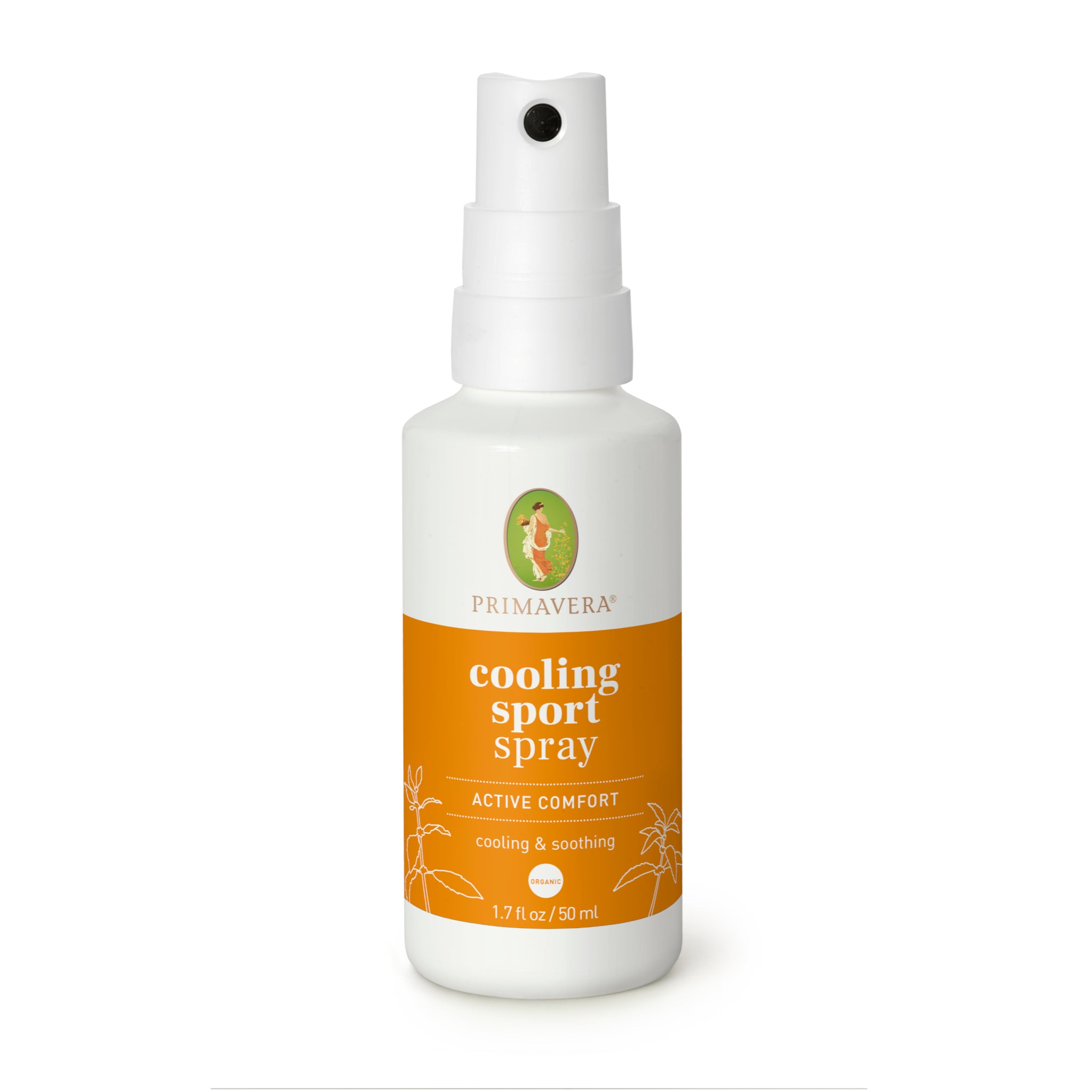 Eine weiße Sprühflasche mit der Aufschrift Primavera Cooling Sport Spray mit einem orangefarbenen Abschnitt auf dem Etikett, mit dem Text Active Comfort und cooling & soothing in weißer Schrift. Die Flasche enthält 50 ml (1,7 fl oz).