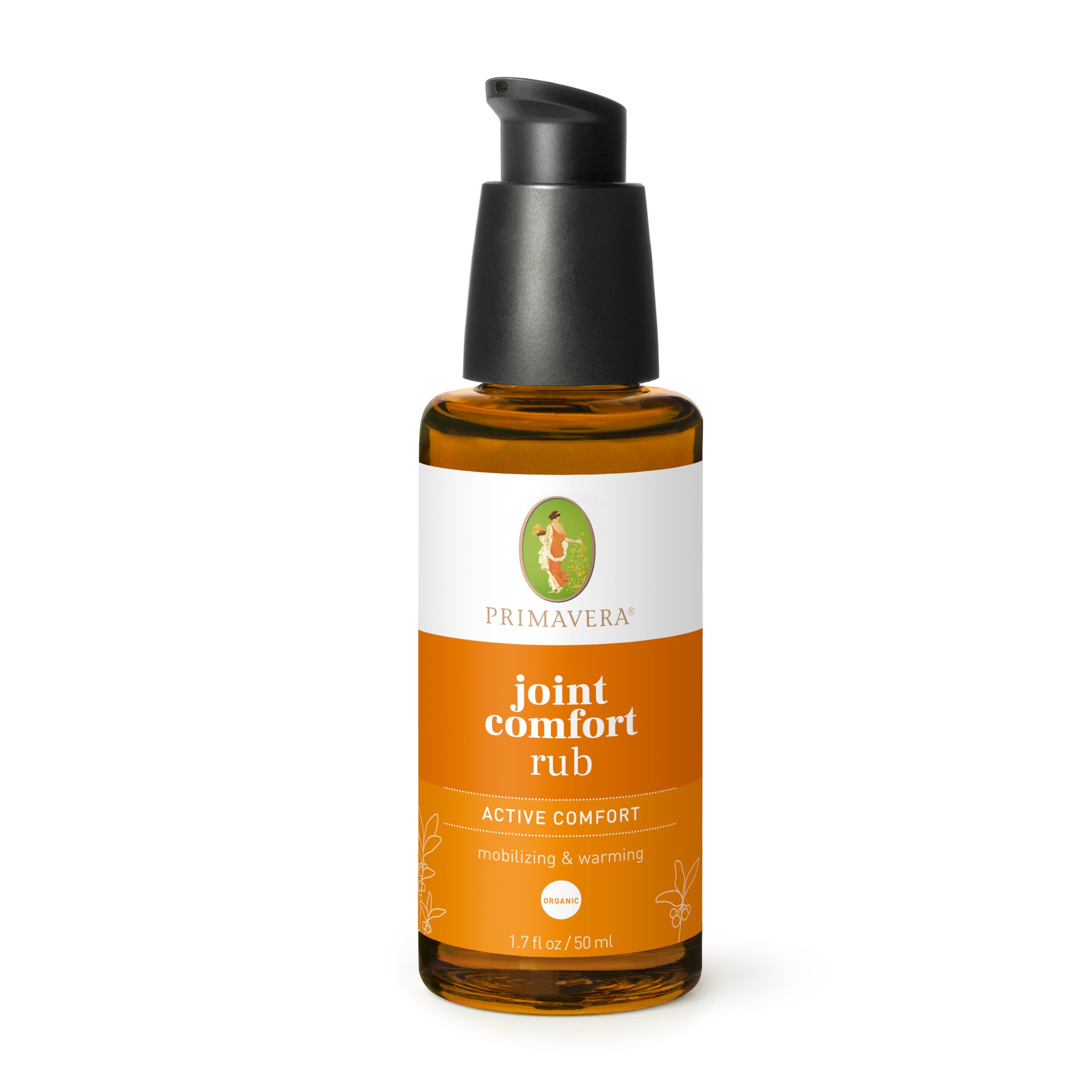 Eine Flasche Primavera Joint Comfort Rub mit schwarzem Pumpverschluss, orangefarbenem und weißem Etikett und einer Größe von 50 ml (1,7 fl oz), die für mobilisierenden und wärmenden aktiven Komfort gekennzeichnet ist.