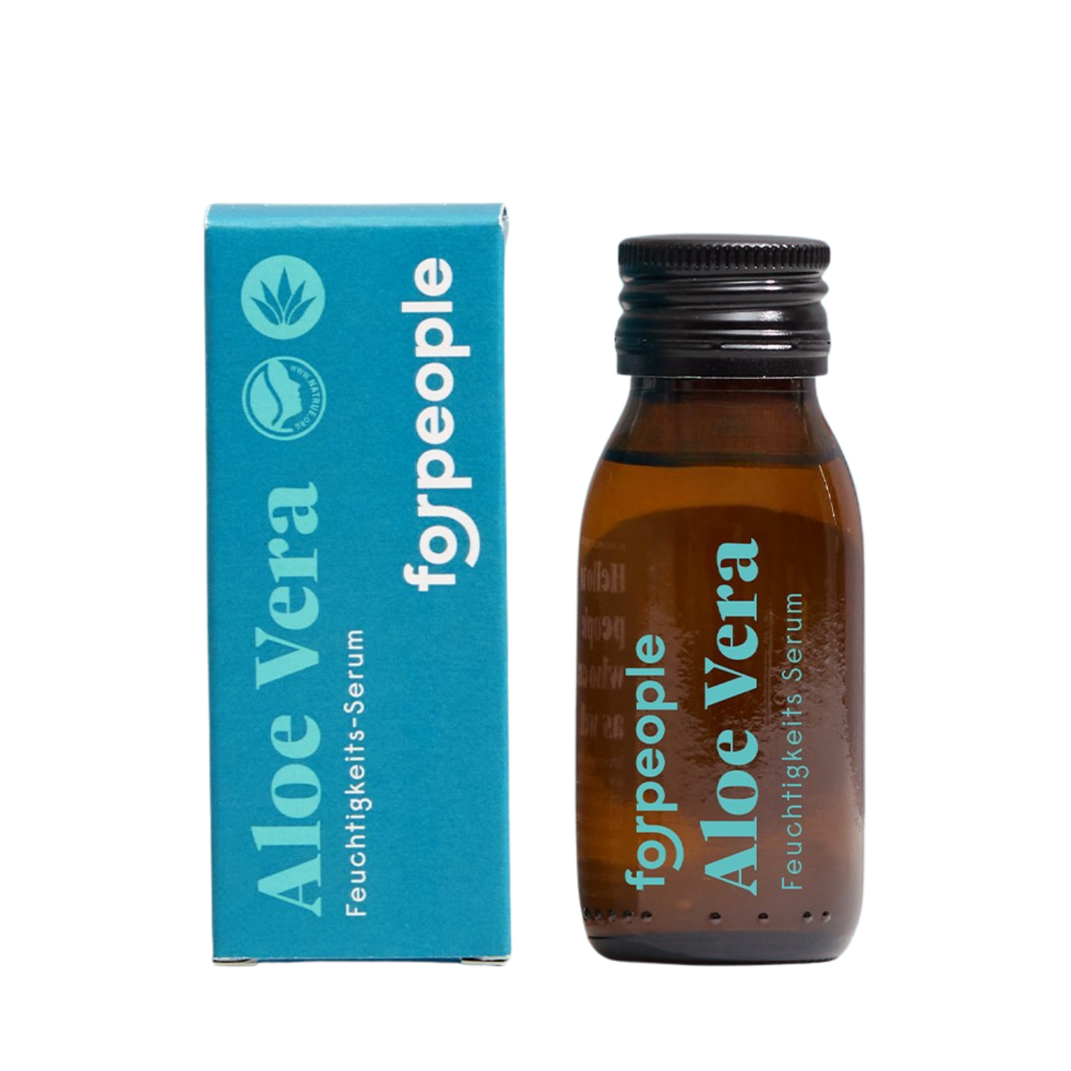 Eine kleine braune Flasche mit der Aufschrift forpeople Aloe Vera Feuchtigkeits-Serum steht neben der blauen Verpackung, auf der ebenfalls der gleiche Text und ein Blattsymbol abgebildet sind.