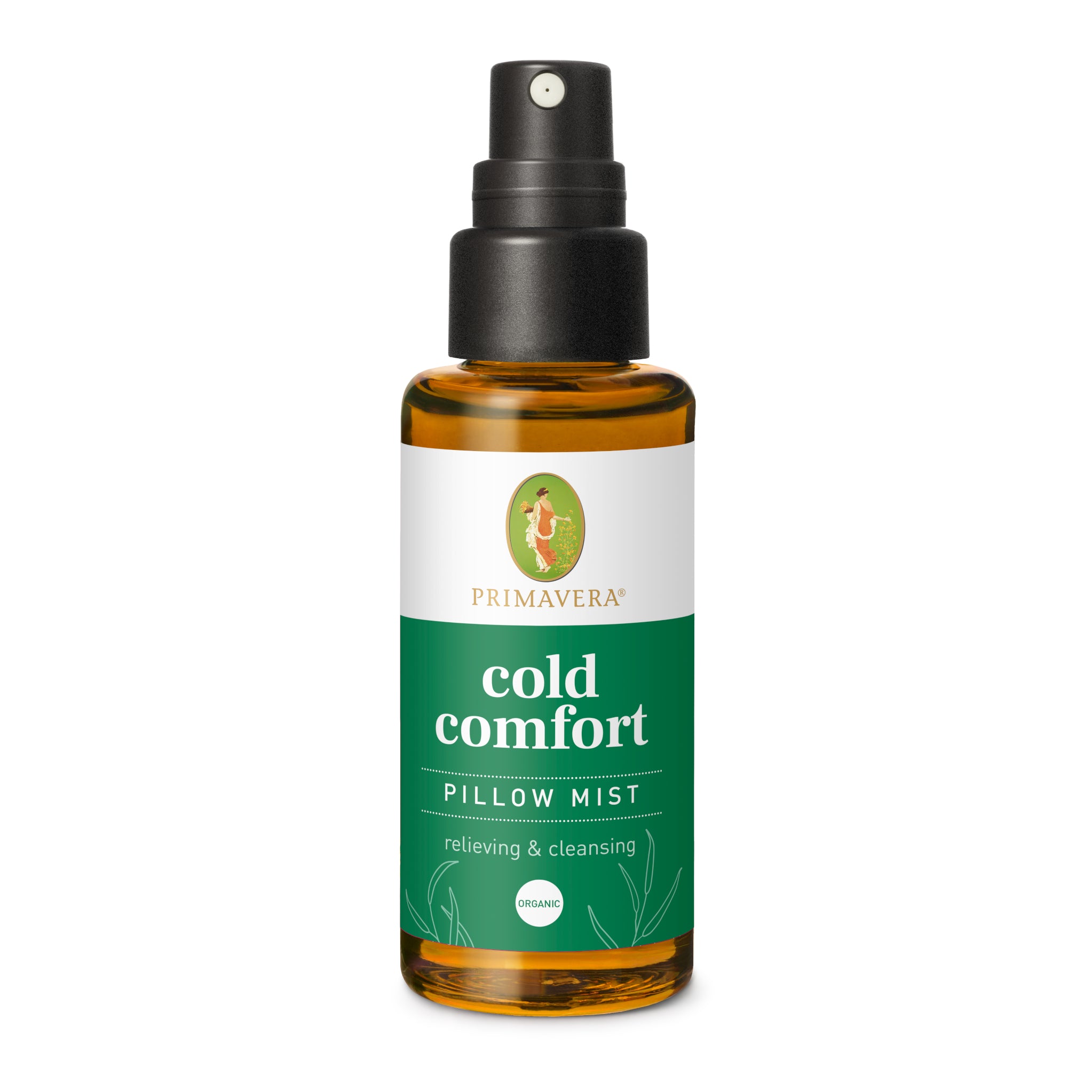 Eine braune Glassprühflasche mit der Aufschrift PRIMAVERA cold comfort PILLOW MIST relieving & cleansing mit grünem und weißem Etikett, schwarzem Sprühkopf und einem goldenen und grünen Logo über dem Produktnamen.