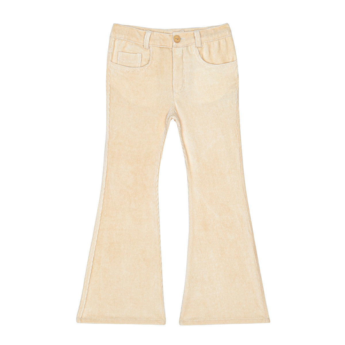 Beigefarbene Cordhose mit Glockenboden, Vorder- und Gesäßtaschen, Knopfverschluss und Gürtelschlaufen, flach auf weißem Grund.