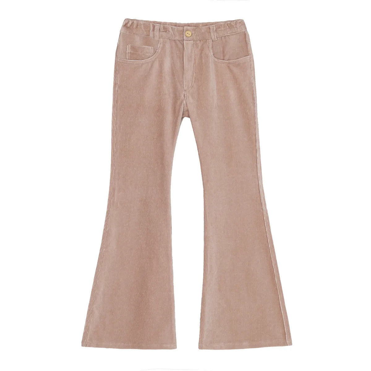 Hellbraune Cordhose mit Glockenboden, Front- und Münztaschen, Knopfverschluss und weit ausgestelltem Bein auf weißem Grund.