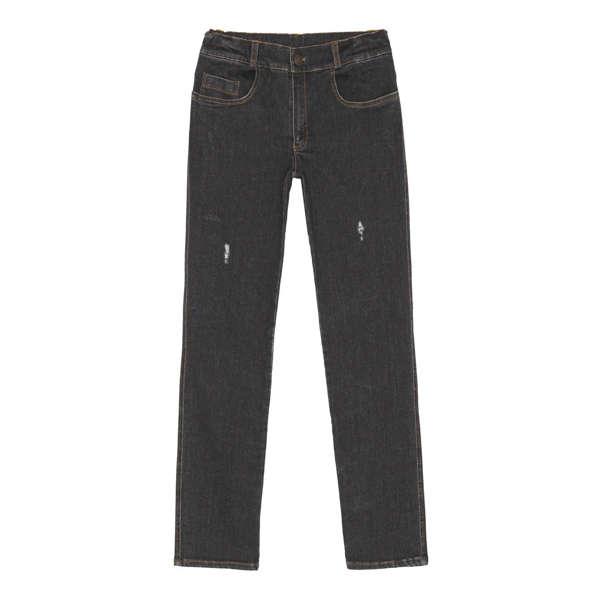 Schwarze Jeans mit geradem Bein, Vorder- und Gesäßtaschen, leichter Ausbleichung und minimalen Used-Elementen an den Oberschenkeln.