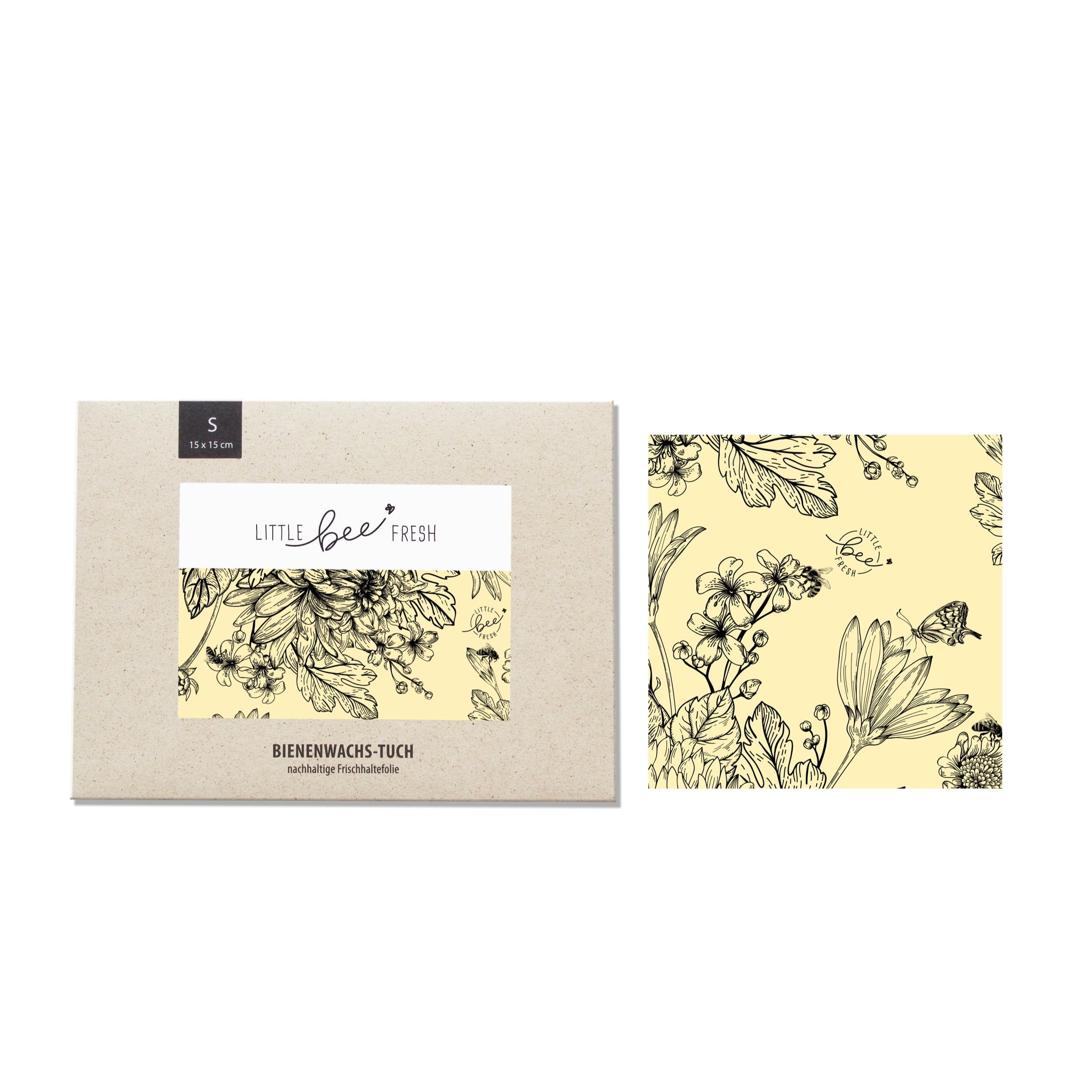 Verpackung und ein Bienenwachstuch mit floralen Illustrationen auf gelbem Hintergrund, Marke "Little Bee Fresh".