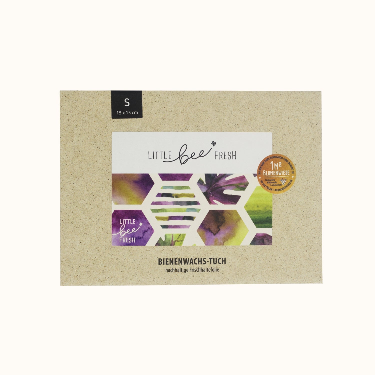Verpackung einer nachhaltigen Bienenwachstuch Frischhaltefolie von Little Bee Fresh, mit buntem, hexagonalem Design.