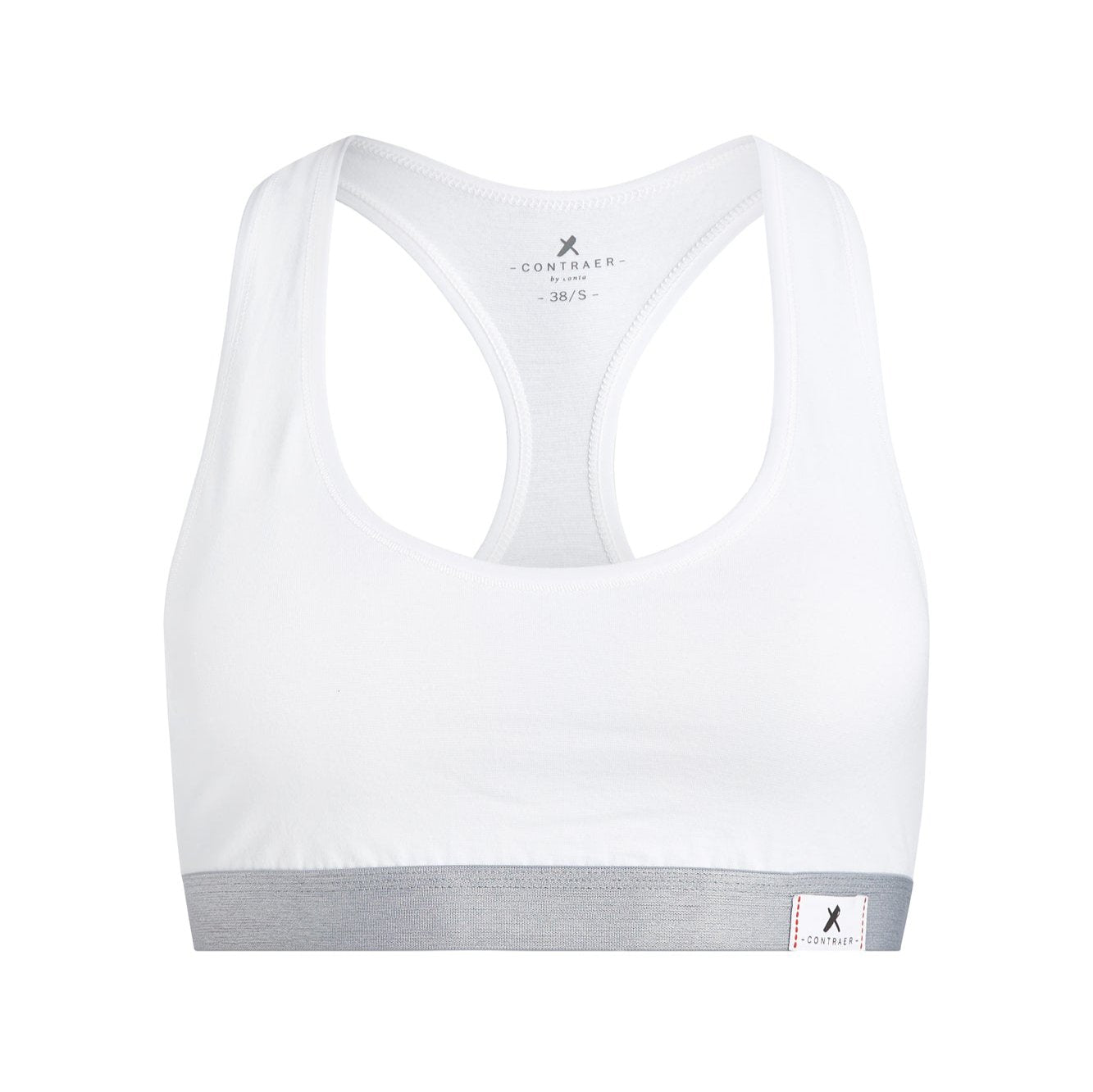 Weißer Sport-BH mit grauem Saum und sportlichem Racerback-Design.