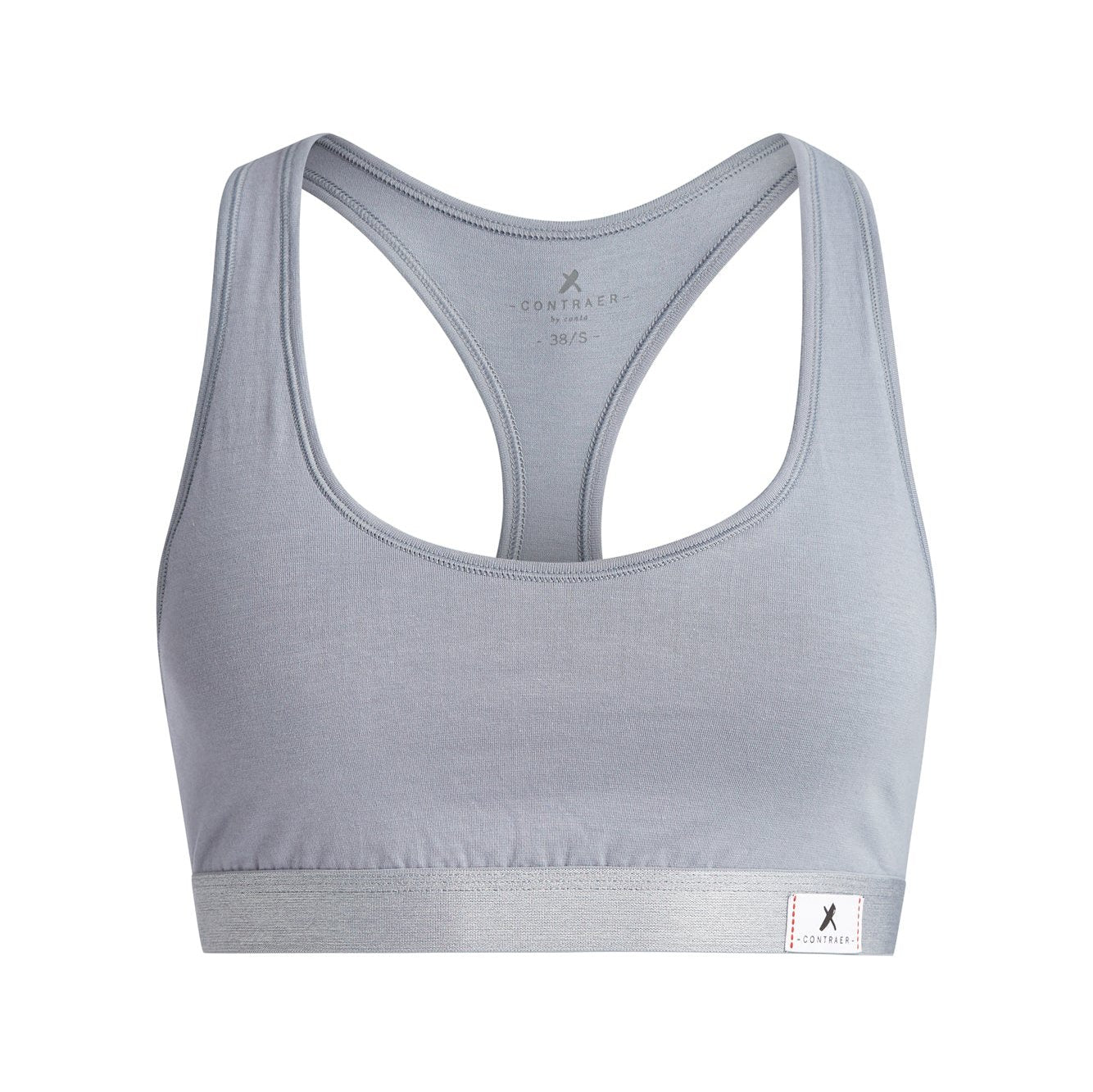 Graues Sport-BH mit Racerback-Design und einem elastischen Bund, auf dem ein kleines Etikett mit Logo befestigt ist.