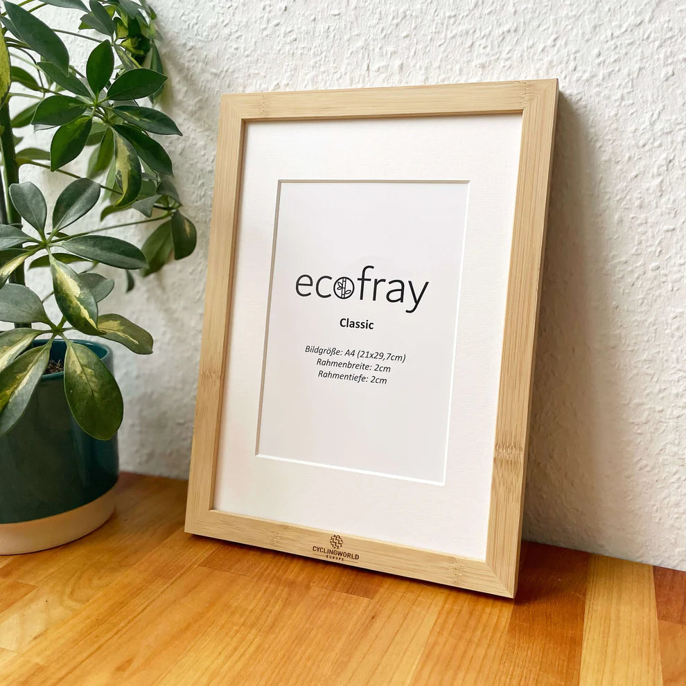 Ein heller Fotorahmen aus Holz mit weißem Passepartout, beschriftet mit ecofray Classic, steht auf einer Holzfläche neben einer grünen Topfpflanze vor einer weißen, strukturierten Wand.