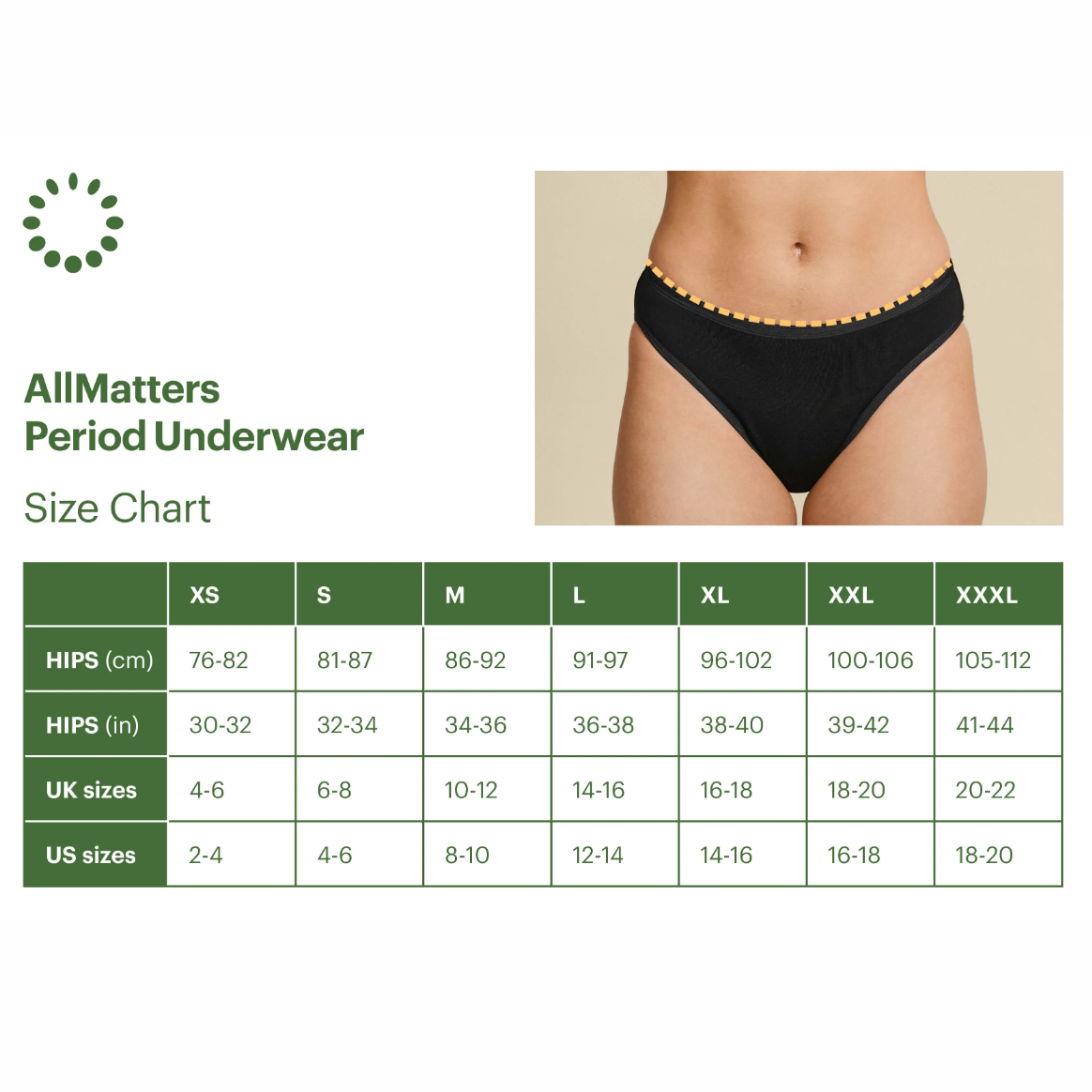 Größentabelle für AllMatters Periodenunterwäsche mit den Größen XS bis XXXL und einer Abbildung des Produkts.