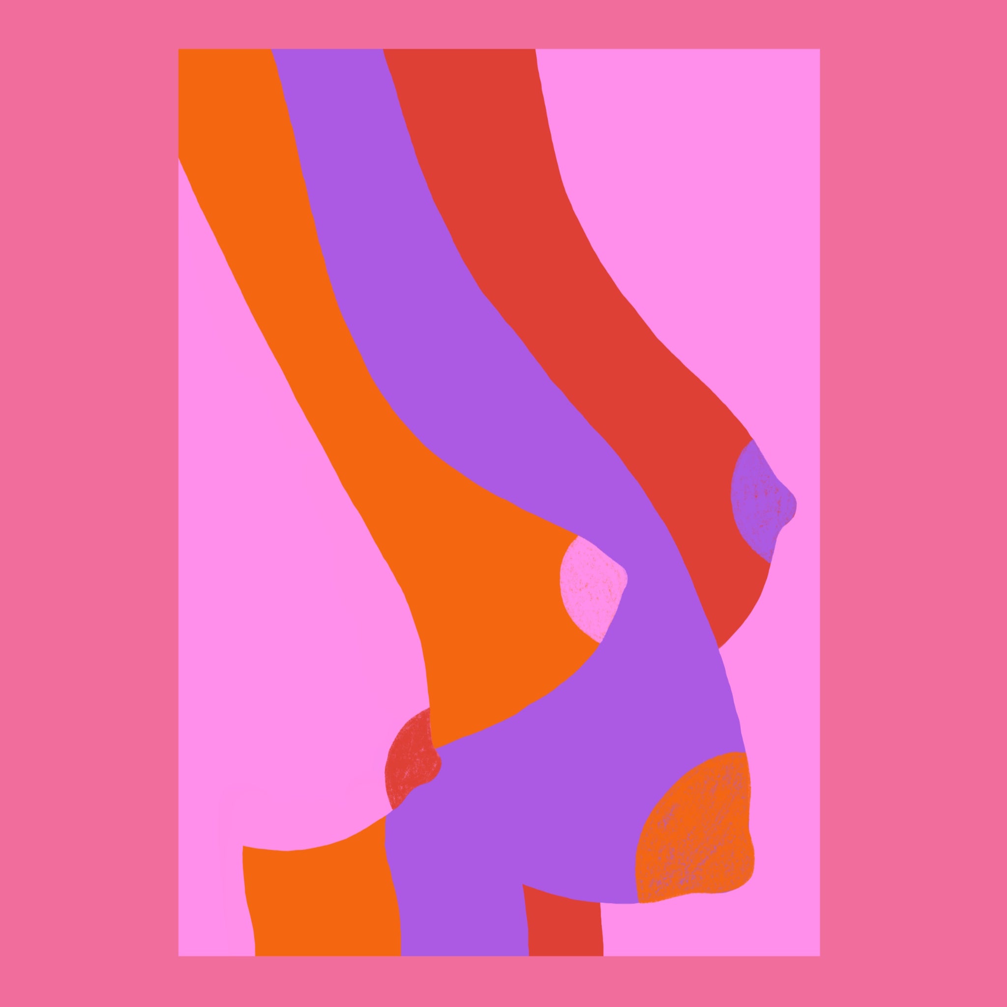Abstrakte Illustration mit sich überschneidenden kurvigen Formen in Orange, Lila und Rot auf rosa Hintergrund, die an stilisierte Beine und Füße erinnern, mit abgerundeten Formen und kräftigen Farbkontrasten.