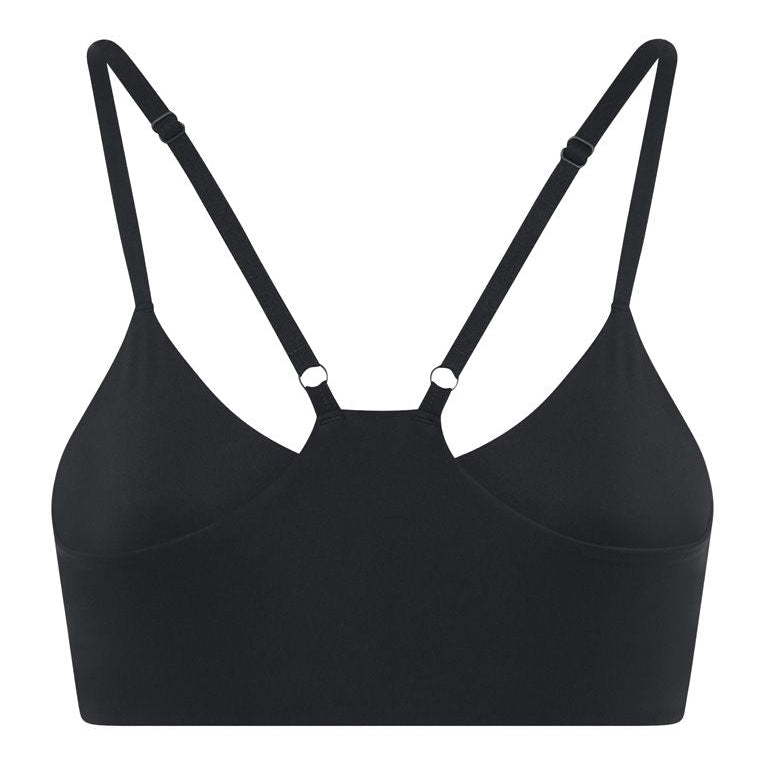 Ein schwarzer, kabelloser Bralette mit dünnen, verstellbaren Trägern, U-Ausschnitt und minimalen Nahtdetails auf weißem Hintergrund.