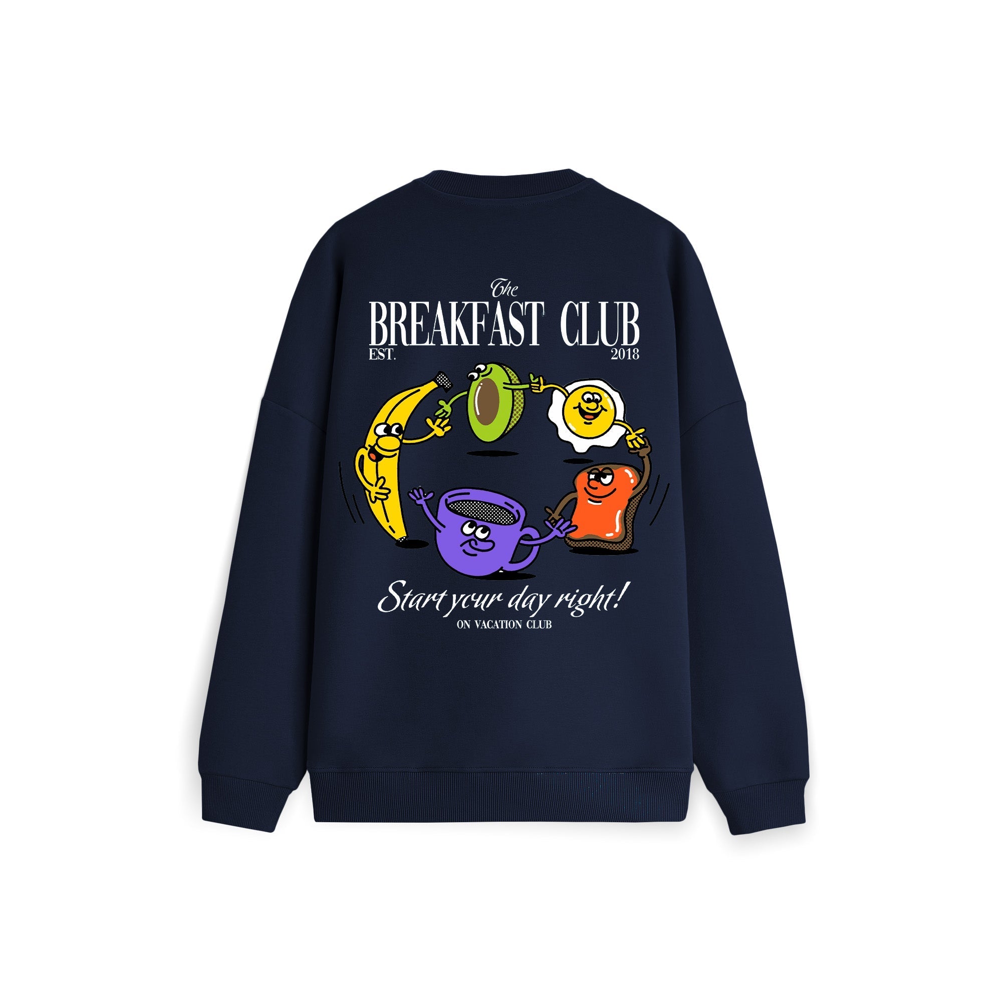 Ein marineblaues Sweatshirt mit Cartoon-Frühstücksfiguren - Banane, Donut, Ei, Tasse und Toast -, die sich die Hände reichen. Oben steht "The Breakfast Club" und unten "Start your day right! Auf Vacation Club. EST. 2013.