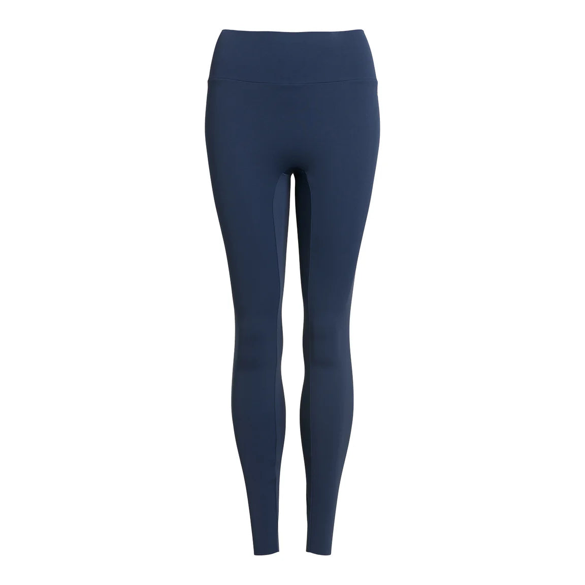 Marineblaue Leggings mit hoher Taille und voller Länge auf weißem Grund. Sie haben ein glattes, passgenaues Aussehen ohne sichtbare Nähte oder Logos.