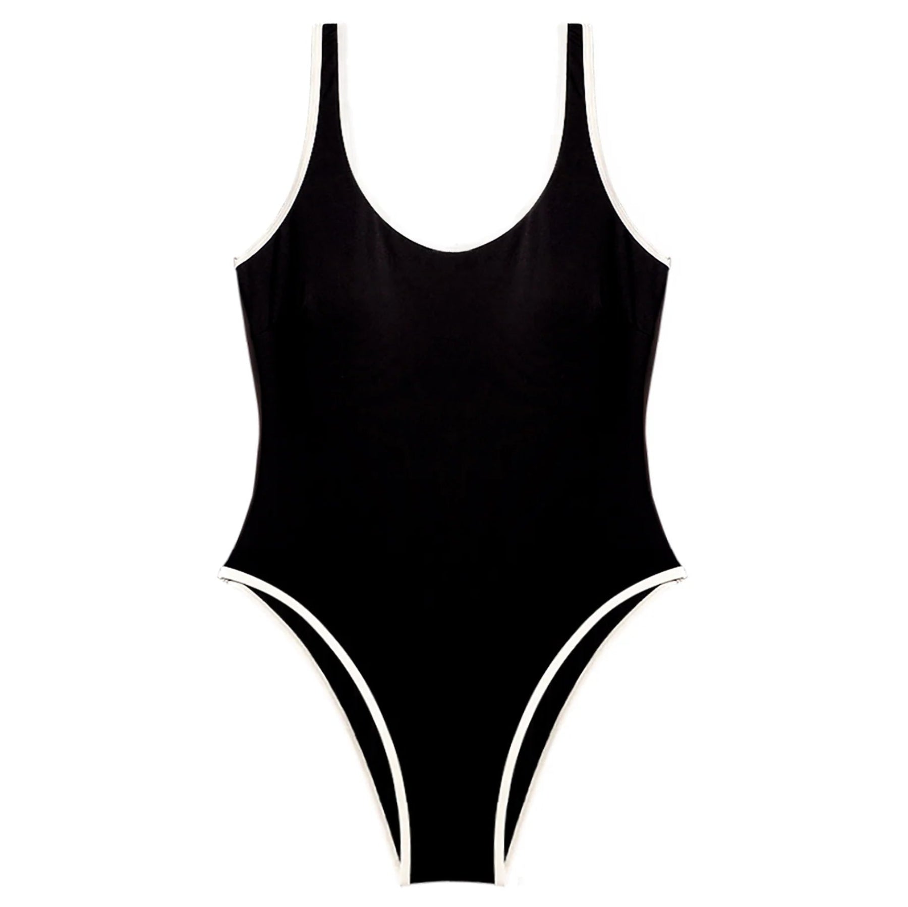 Ein schwarzer einteiliger Badeanzug mit weißem Besatz am Halsausschnitt, an den Armausschnitten und an den Beinöffnungen auf weißem Hintergrund.