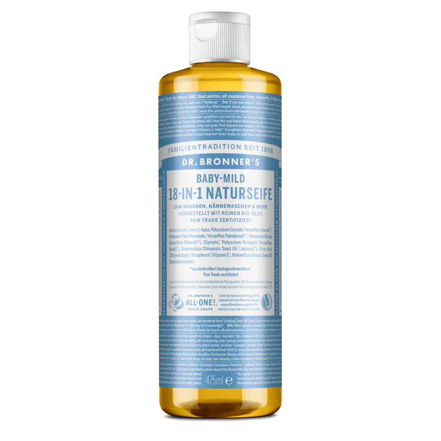 Eine Flasche Dr. Bronners Baby-Mild 18-in-1 Naturseife Flüssigseife mit blau-weißem Etikett, klarem Verschluss und 475 ml Inhalt, aufrecht stehend auf weißem Hintergrund.