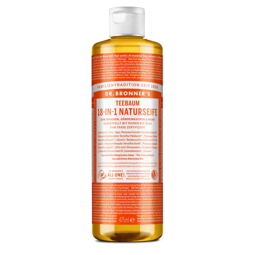 Eine Flasche Dr. Bronner's 18-in-1 Tea Tree Pure-Castile Liquid Soap mit orangefarbenem Etikett, weißem Verschluss und detaillierten Produktinformationen in deutscher Sprache auf der Vorderseite.