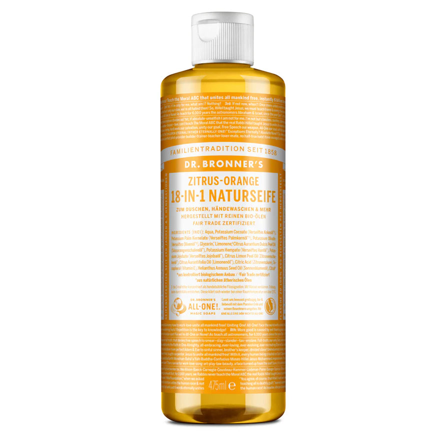 Eine Flasche Dr. Bronners 18-in-1 Citrus-Orange Pure-Castile Liquid Soap mit einer weißen Kappe und einem orangefarbenen Etikett mit Produktangaben und Zertifizierungslogos steht aufrecht auf einem weißen Hintergrund.